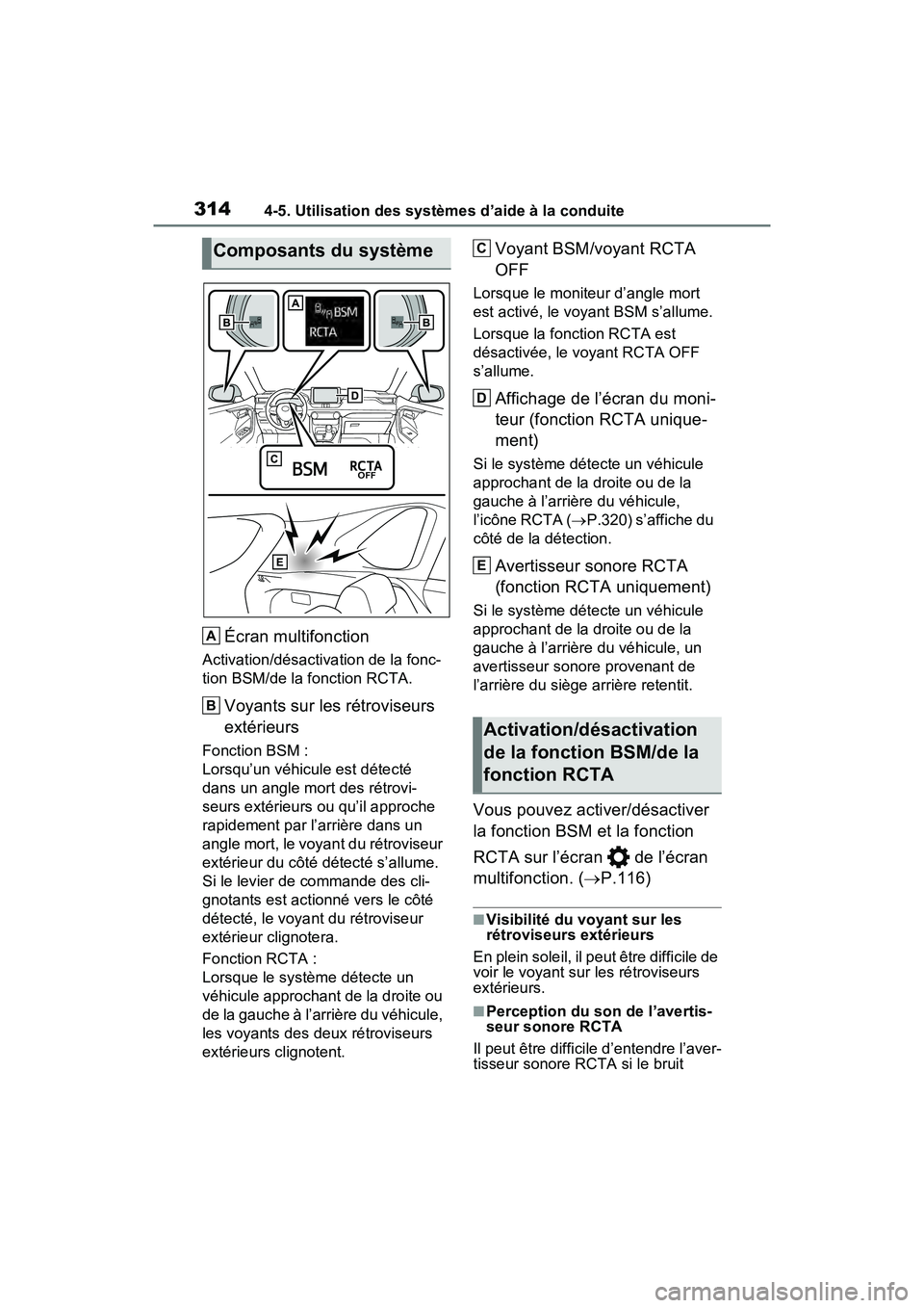 TOYOTA RAV4 HYBRID 2021 Manuel du propriétaire (in French) 3144-5. Utilisation des systèmes d’aide à la conduite
Écran multifonction
Activation/désactivation de la fonc-
tion BSM/de la fonction RCTA.
Voyants sur les rétroviseurs
extérieurs
Fonction B TOYOTA RAV4 HYBRID 2021 Manuel du propriétaire (in French) 3144-5. Utilisation des systèmes d’aide à la conduite
Écran multifonction
Activation/désactivation de la fonc-
tion BSM/de la fonction RCTA.
Voyants sur les rétroviseurs
extérieurs
Fonction B