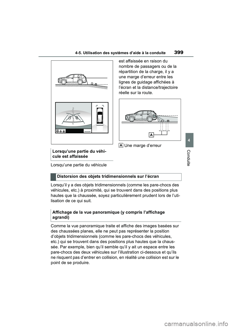 TOYOTA RAV4 HYBRID 2021 Manuel du propriétaire (in French) 3994-5. Utilisation des systèmes d’aide à la conduite
4
Conduite
Lorsqu’une partie du véhicule est affaissée en raison du
nombre de passagers ou de la
répartition de la charge, il y a
une TOYOTA RAV4 HYBRID 2021 Manuel du propriétaire (in French) 3994-5. Utilisation des systèmes d’aide à la conduite
4
Conduite
Lorsqu’une partie du véhicule est affaissée en raison du
nombre de passagers ou de la
répartition de la charge, il y a
une
