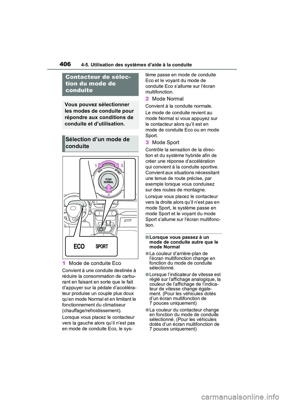 TOYOTA RAV4 HYBRID 2021 Manuel du propriétaire (in French) 4064-5. Utilisation des systèmes d’aide à la conduite
1Mode de conduite Eco
Convient à une conduite destinée à
réduire la consommation de carbu-
rant en faisant en sorte que le fait
d’appu TOYOTA RAV4 HYBRID 2021 Manuel du propriétaire (in French) 4064-5. Utilisation des systèmes d’aide à la conduite
1Mode de conduite Eco
Convient à une conduite destinée à
réduire la consommation de carbu-
rant en faisant en sorte que le fait
d’appu