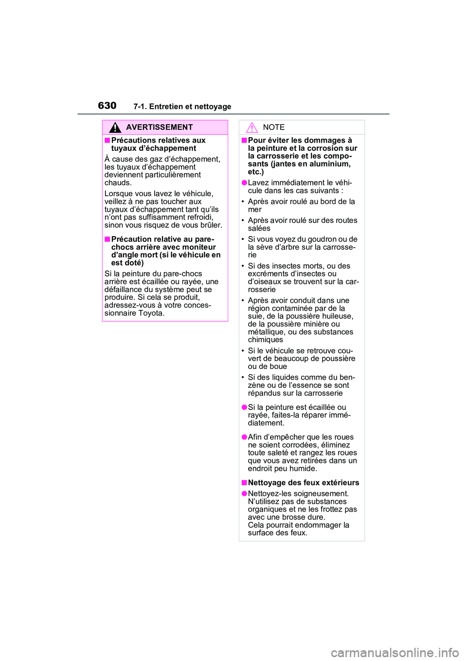 TOYOTA RAV4 HYBRID 2021 Manuel du propriétaire (in French) 6307-1. Entretien et nettoyage
AVERTISSEMENT
■Précautions relatives aux
tuyaux d’échappement
À cause des gaz d’échappement,
les tuyaux d’échappement
deviennent particulièrement
chaud TOYOTA RAV4 HYBRID 2021 Manuel du propriétaire (in French) 6307-1. Entretien et nettoyage
AVERTISSEMENT
■Précautions relatives aux
tuyaux d’échappement
À cause des gaz d’échappement,
les tuyaux d’échappement
deviennent particulièrement
chaud