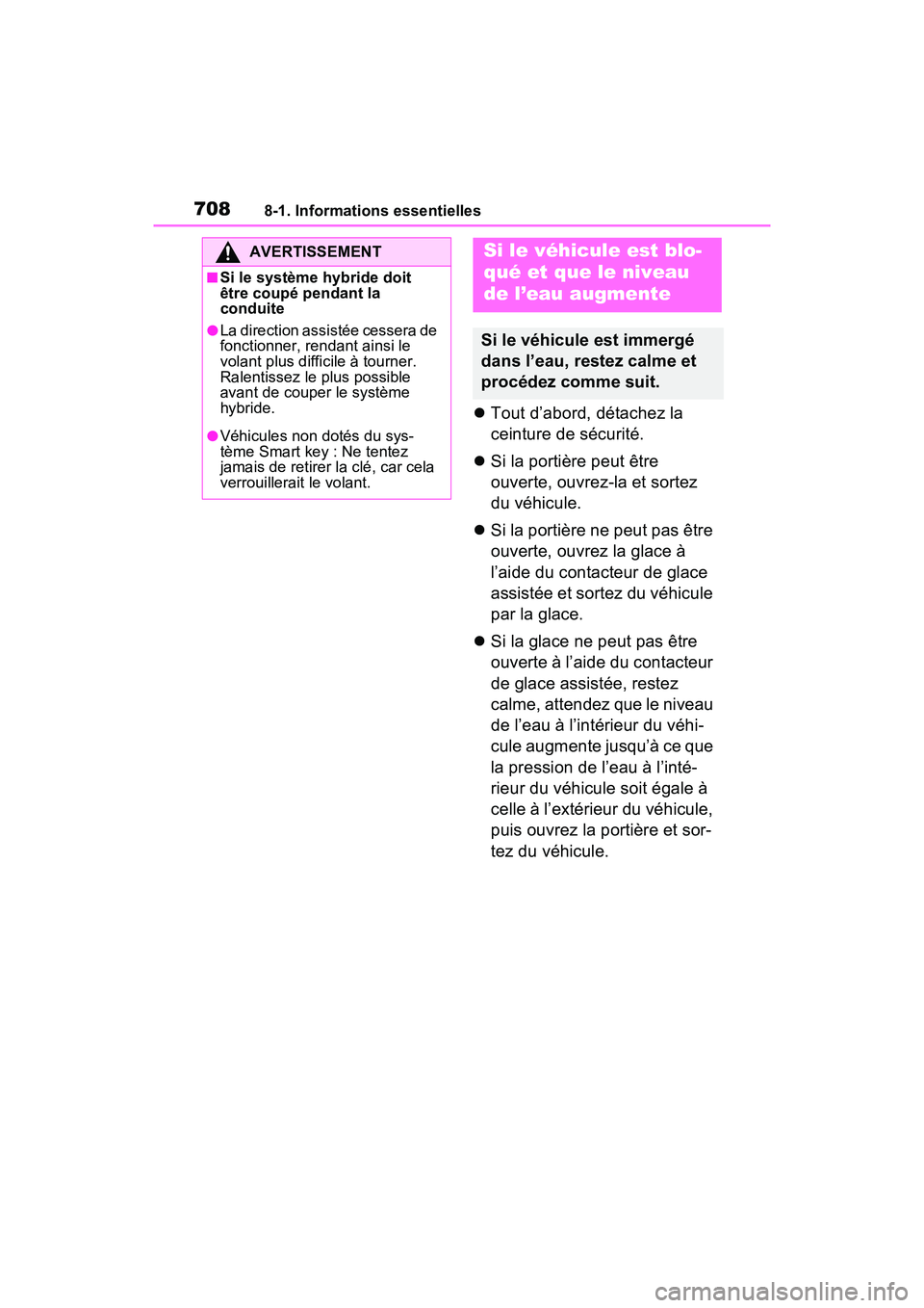 TOYOTA RAV4 HYBRID 2021 Manuel du propriétaire (in French) 7088-1. Informations essentielles
Tout d’abord, détachez la
ceinture de sécurité.
Si la portière peut être
ouverte, ouvrez-la et sortez
du véhicule.
Si la portière ne peut pas TOYOTA RAV4 HYBRID 2021 Manuel du propriétaire (in French) 7088-1. Informations essentielles
Tout d’abord, détachez la
ceinture de sécurité.
Si la portière peut être
ouverte, ouvrez-la et sortez
du véhicule.
Si la portière ne peut pas