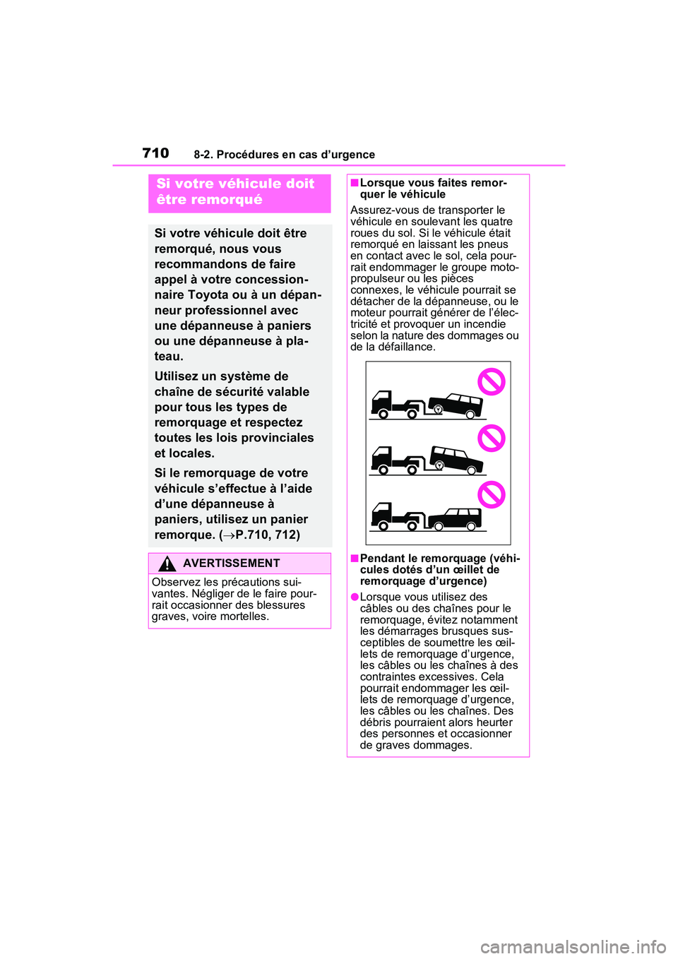 TOYOTA RAV4 HYBRID 2021 Manuel du propriétaire (in French) 7108-2. Procédures en cas d’urgence
8-2 .Procé dure s en cas d’urgence
Si votre véhicule doit
être remorqué
Si votre véhicule doit être
remorqué, nous vous
recommandons de faire
appel TOYOTA RAV4 HYBRID 2021 Manuel du propriétaire (in French) 7108-2. Procédures en cas d’urgence
8-2 .Procé dure s en cas d’urgence
Si votre véhicule doit
être remorqué
Si votre véhicule doit être
remorqué, nous vous
recommandons de faire
appel