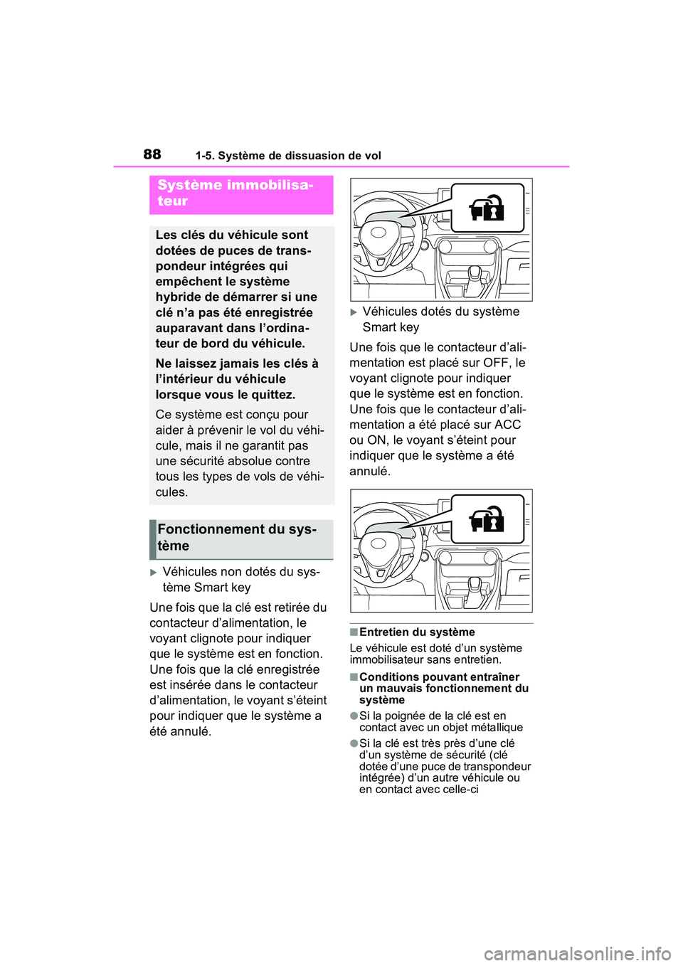 TOYOTA RAV4 HYBRID 2021 Manuel du propriétaire (in French) 881-5. Système de dissuasion de vol
1-5.Système de dissuasion de vol
Véhicules non dotés du sys-
tème Smart key
Une fois que la clé est retirée du
contacteur d’alimentation, le
voyant c TOYOTA RAV4 HYBRID 2021 Manuel du propriétaire (in French) 881-5. Système de dissuasion de vol
1-5.Système de dissuasion de vol
Véhicules non dotés du sys-
tème Smart key
Une fois que la clé est retirée du
contacteur d’alimentation, le
voyant c