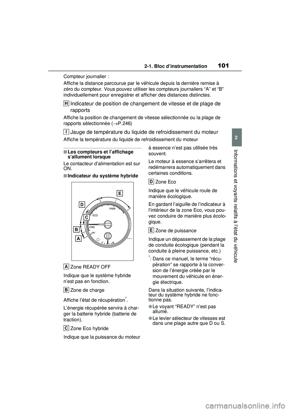 TOYOTA RAV4 HYBRID 2020 Manuel du propriétaire (in French) 1012-1. Bloc d’instrumentation
2
Informations et voyants relatifs à l’état du véhicule
Compteur journalier :
Affiche la distance parcourue par le véhicule depuis la dernière remise à
zéro TOYOTA RAV4 HYBRID 2020 Manuel du propriétaire (in French) 1012-1. Bloc d’instrumentation
2
Informations et voyants relatifs à l’état du véhicule
Compteur journalier :
Affiche la distance parcourue par le véhicule depuis la dernière remise à
zéro
