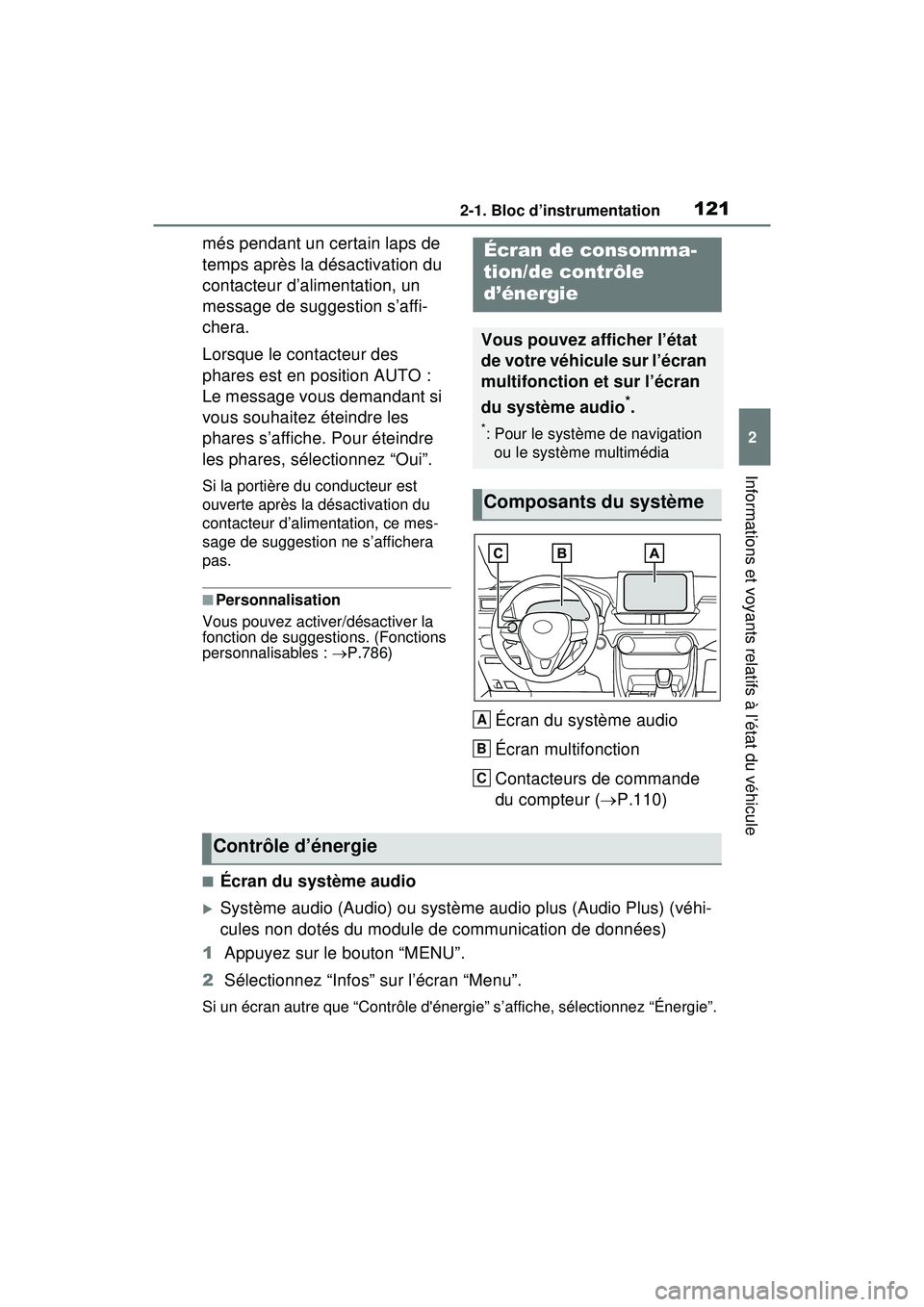 TOYOTA RAV4 HYBRID 2020 Manuel du propriétaire (in French) 1212-1. Bloc d’instrumentation
2
Informations et voyants relatifs à l’état du véhicule
més pendant un certain laps de
temps après la désactivation du
contacteur d’alimentation, un
messa TOYOTA RAV4 HYBRID 2020 Manuel du propriétaire (in French) 1212-1. Bloc d’instrumentation
2
Informations et voyants relatifs à l’état du véhicule
més pendant un certain laps de
temps après la désactivation du
contacteur d’alimentation, un
messa