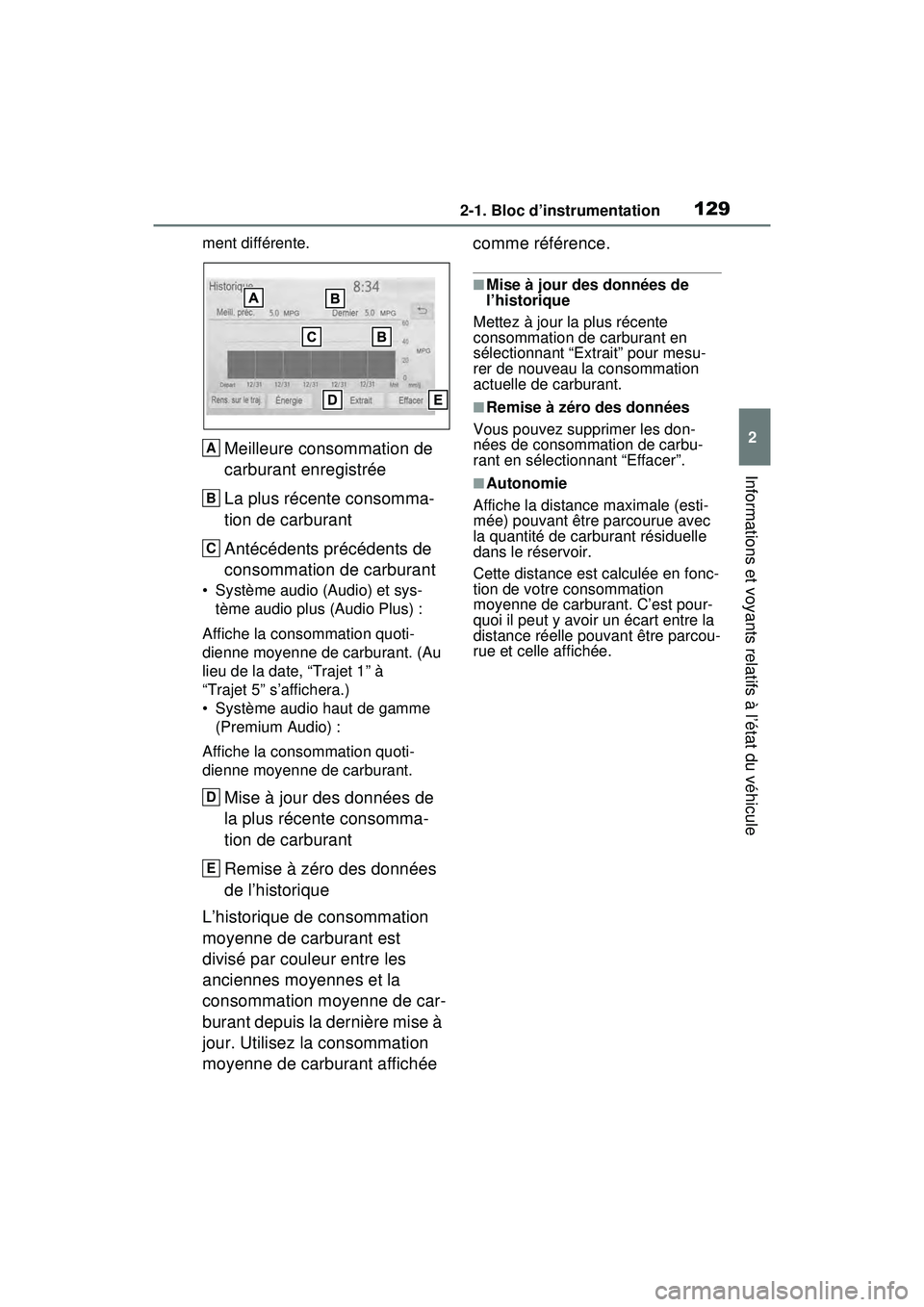 TOYOTA RAV4 HYBRID 2020 Manuel du propriétaire (in French) 1292-1. Bloc d’instrumentation
2
Informations et voyants relatifs à l’état du véhicule
ment différente.
Meilleure consommation de
carburant enregistrée
La plus récente consomma-
tion de car TOYOTA RAV4 HYBRID 2020 Manuel du propriétaire (in French) 1292-1. Bloc d’instrumentation
2
Informations et voyants relatifs à l’état du véhicule
ment différente.
Meilleure consommation de
carburant enregistrée
La plus récente consomma-
tion de car