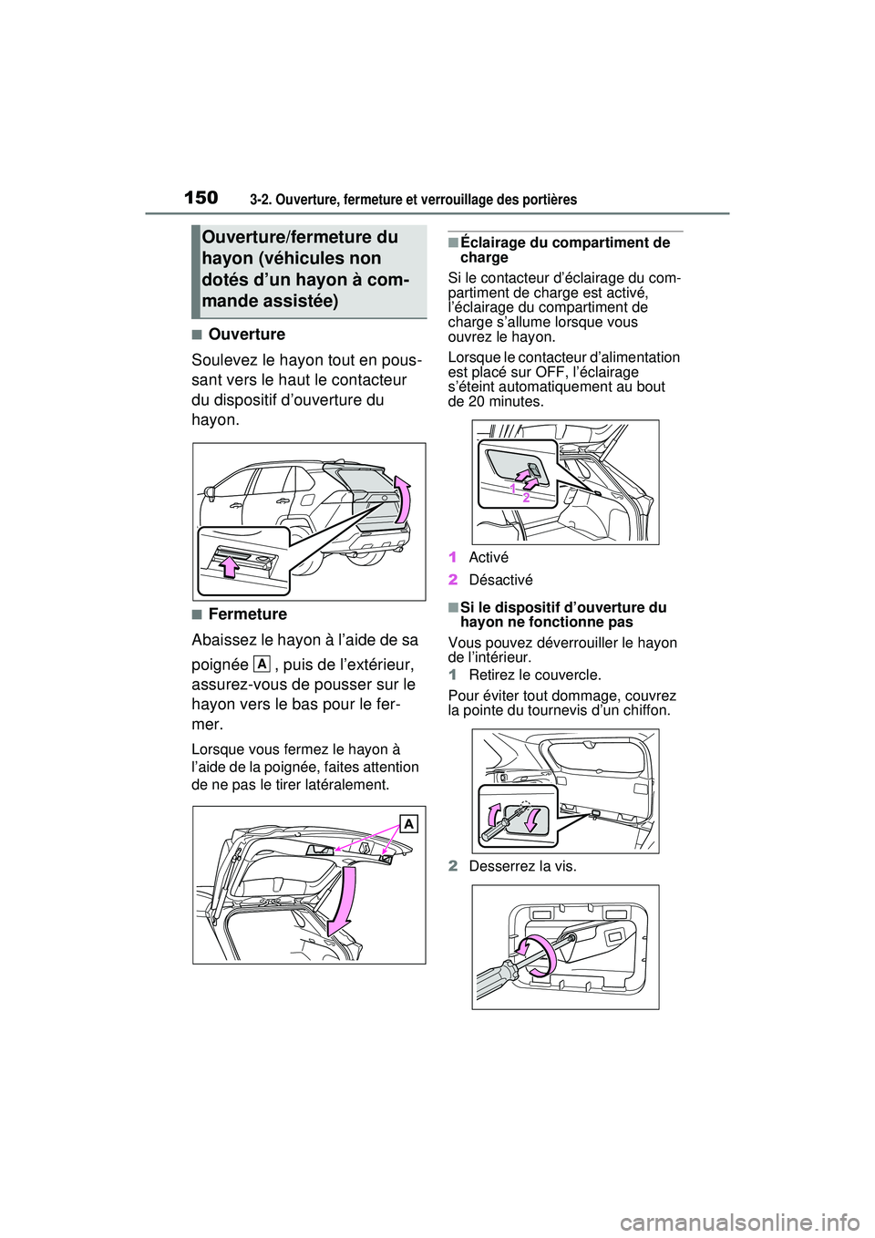 TOYOTA RAV4 HYBRID 2020  Manuel du propriétaire (in French) 1503-2. Ouverture, fermeture et verrouillage des portières
■Ouverture
Soulevez le hayon tout en pous-
sant vers le haut le contacteur 
du dispositif d’ouverture du 
hayon.
■Fermeture
Abaissez l