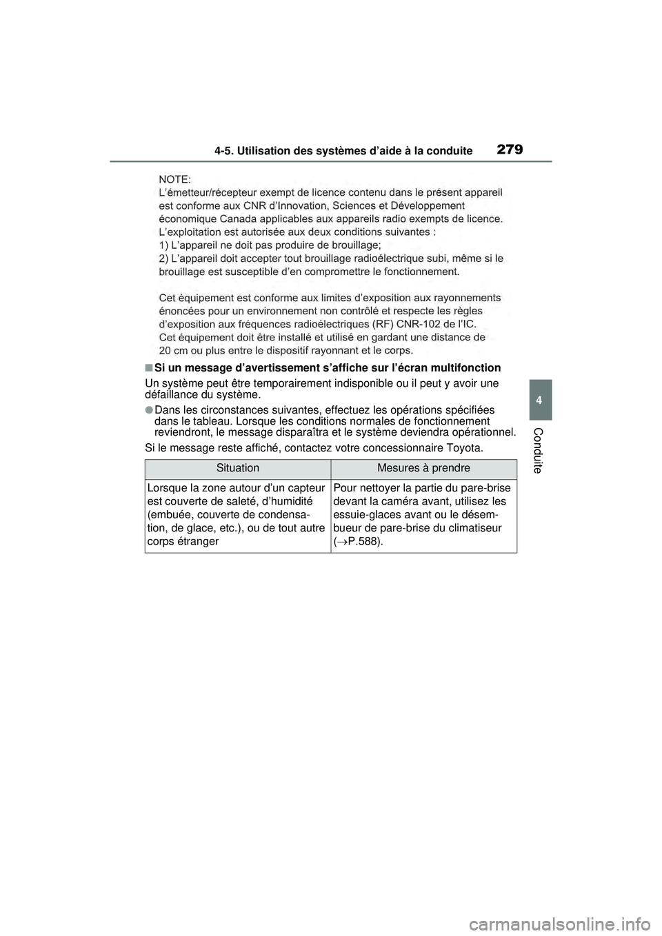 TOYOTA RAV4 HYBRID 2020  Manuel du propriétaire (in French) 2794-5. Utilisation des systèmes d’aide à la conduite
4
Conduite
■Si un message d’avertissement s’affiche sur l’écran multifonction
Un système peut être temporairement indisponible ou i