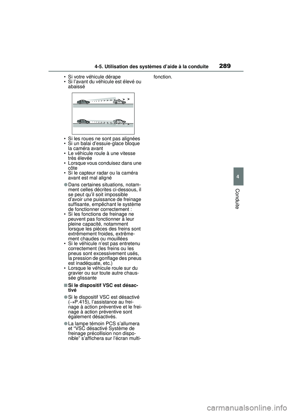 TOYOTA RAV4 HYBRID 2020 Manuel du propriétaire (in French) 2894-5. Utilisation des systèmes d’aide à la conduite
4
Conduite
• Si votre véhicule dérape
• Si l’avant du véhicule est élevé ou abaissé
• Si les roues ne sont pas alignées
• Si TOYOTA RAV4 HYBRID 2020 Manuel du propriétaire (in French) 2894-5. Utilisation des systèmes d’aide à la conduite
4
Conduite
• Si votre véhicule dérape
• Si l’avant du véhicule est élevé ou abaissé
• Si les roues ne sont pas alignées
• Si