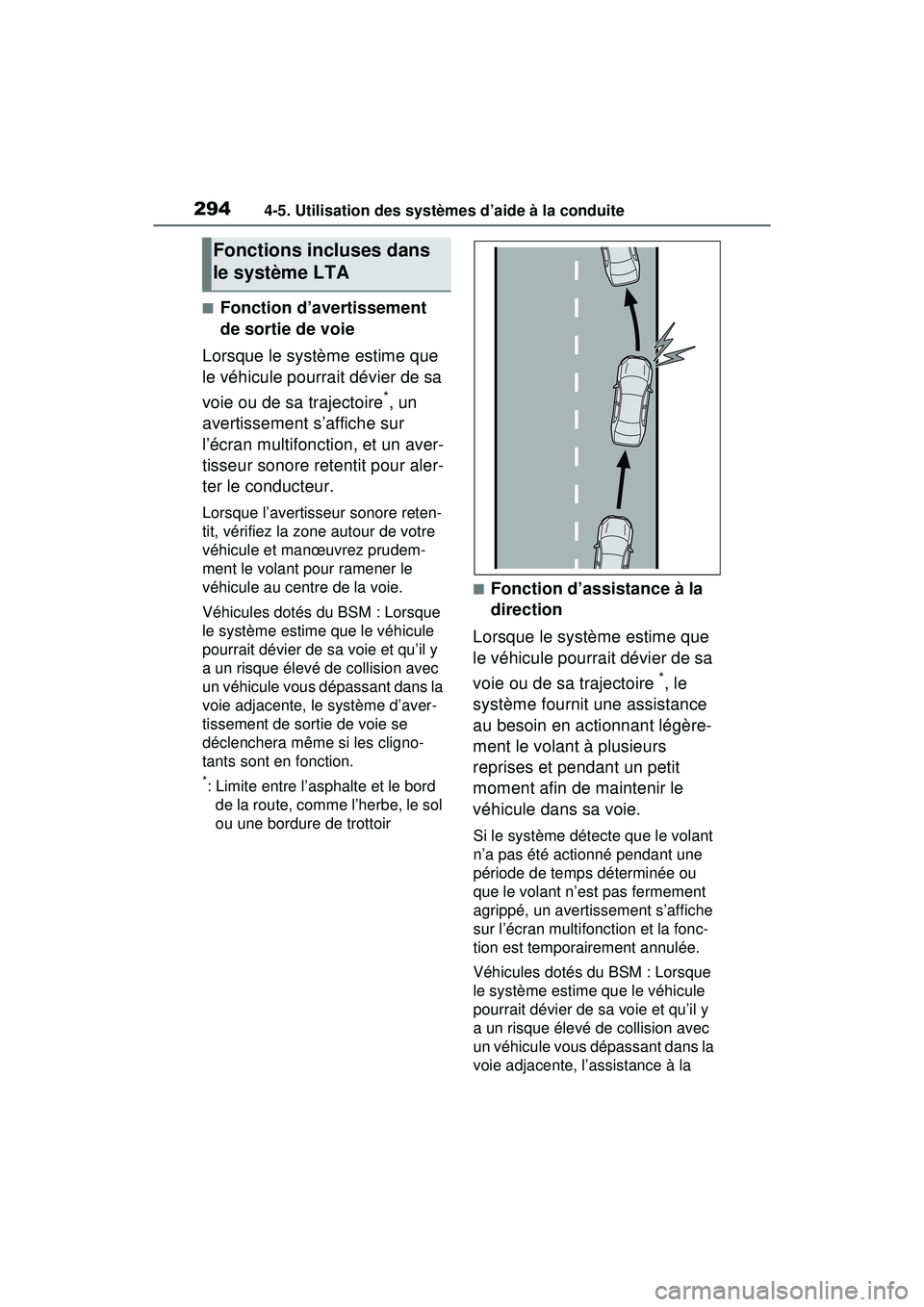 TOYOTA RAV4 HYBRID 2020 Manuel du propriétaire (in French) 2944-5. Utilisation des systèmes d’aide à la conduite
■Fonction d’avertissement
de sortie de voie
Lorsque le système estime que
le véhicule pourrait dévier de sa
voie ou de sa trajectoir TOYOTA RAV4 HYBRID 2020 Manuel du propriétaire (in French) 2944-5. Utilisation des systèmes d’aide à la conduite
■Fonction d’avertissement
de sortie de voie
Lorsque le système estime que
le véhicule pourrait dévier de sa
voie ou de sa trajectoir