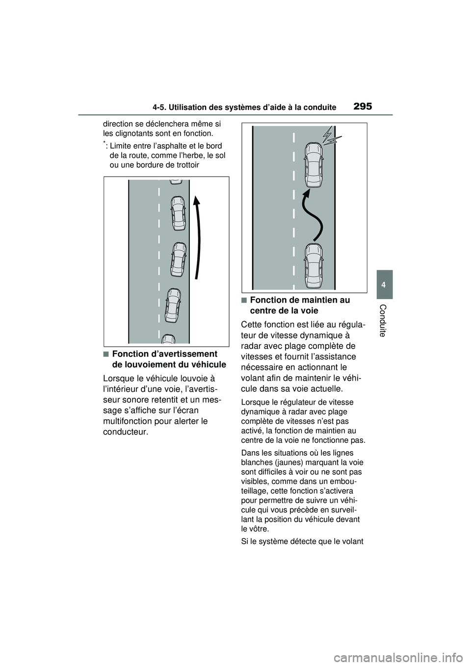 TOYOTA RAV4 HYBRID 2020 Manuel du propriétaire (in French) 2954-5. Utilisation des systèmes d’aide à la conduite
4
Conduite
direction se déclenchera même si
les clignotants sont en fonction.
*: Limite entre l’asphalte et le bord de la route, comme l TOYOTA RAV4 HYBRID 2020 Manuel du propriétaire (in French) 2954-5. Utilisation des systèmes d’aide à la conduite
4
Conduite
direction se déclenchera même si
les clignotants sont en fonction.
*: Limite entre l’asphalte et le bord de la route, comme l