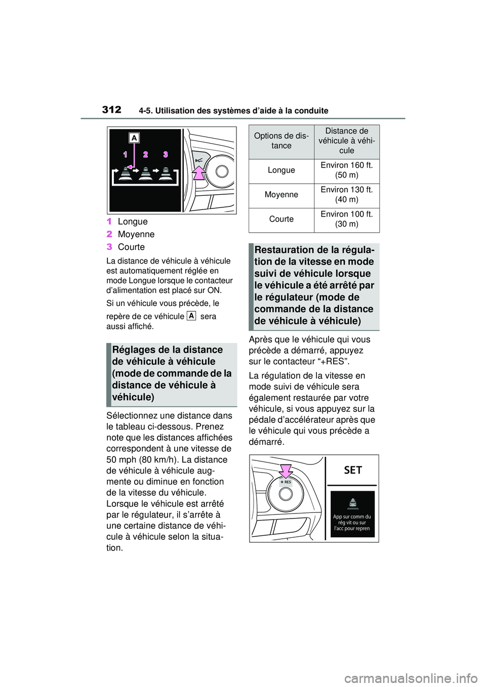 TOYOTA RAV4 HYBRID 2020 Manuel du propriétaire (in French) 3124-5. Utilisation des systèmes d’aide à la conduite
1Longue
2 Moyenne
3 Courte
La distance de véhicule à véhicule
est automatiquement réglée en
mode Longue lorsque le contacteur
d’alim TOYOTA RAV4 HYBRID 2020 Manuel du propriétaire (in French) 3124-5. Utilisation des systèmes d’aide à la conduite
1Longue
2 Moyenne
3 Courte
La distance de véhicule à véhicule
est automatiquement réglée en
mode Longue lorsque le contacteur
d’alim