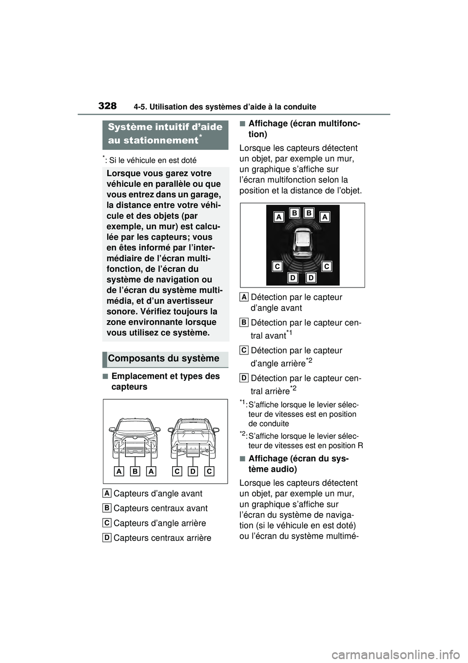 TOYOTA RAV4 HYBRID 2020 Manuel du propriétaire (in French) 3284-5. Utilisation des systèmes d’aide à la conduite
*: Si le véhicule en est doté
■Emplacement et types des
capteursCapteurs d’angle avant
Capteurs centraux avant
Capteurs d’angle arri TOYOTA RAV4 HYBRID 2020 Manuel du propriétaire (in French) 3284-5. Utilisation des systèmes d’aide à la conduite
*: Si le véhicule en est doté
■Emplacement et types des
capteursCapteurs d’angle avant
Capteurs centraux avant
Capteurs d’angle arri