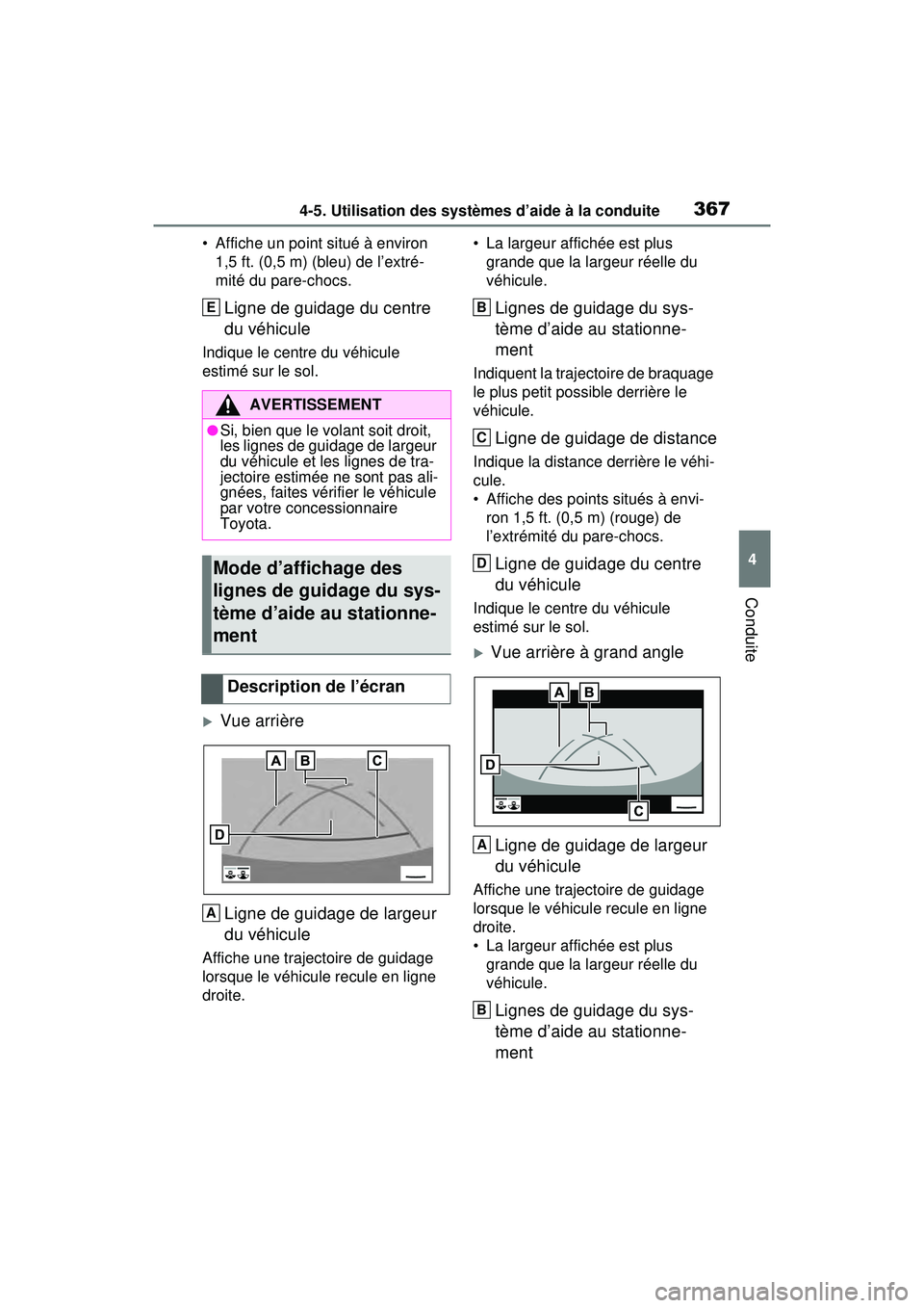 TOYOTA RAV4 HYBRID 2020  Manuel du propriétaire (in French) 3674-5. Utilisation des systèmes d’aide à la conduite
4
Conduite
• Affiche un point situé à environ 1,5 ft. (0,5 m) (bleu) de l’extré-
mité du pare-chocs.
Ligne de guidage du centre 
du v