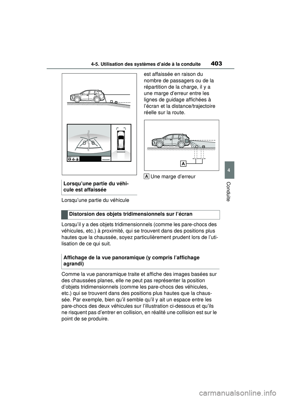 TOYOTA RAV4 HYBRID 2020  Manuel du propriétaire (in French) 4034-5. Utilisation des systèmes d’aide à la conduite
4
Conduite
Lorsqu’une partie du véhicule est affaissée en raison du 
nombre de passagers ou de la 
répartition de la charge, il y a 
une 