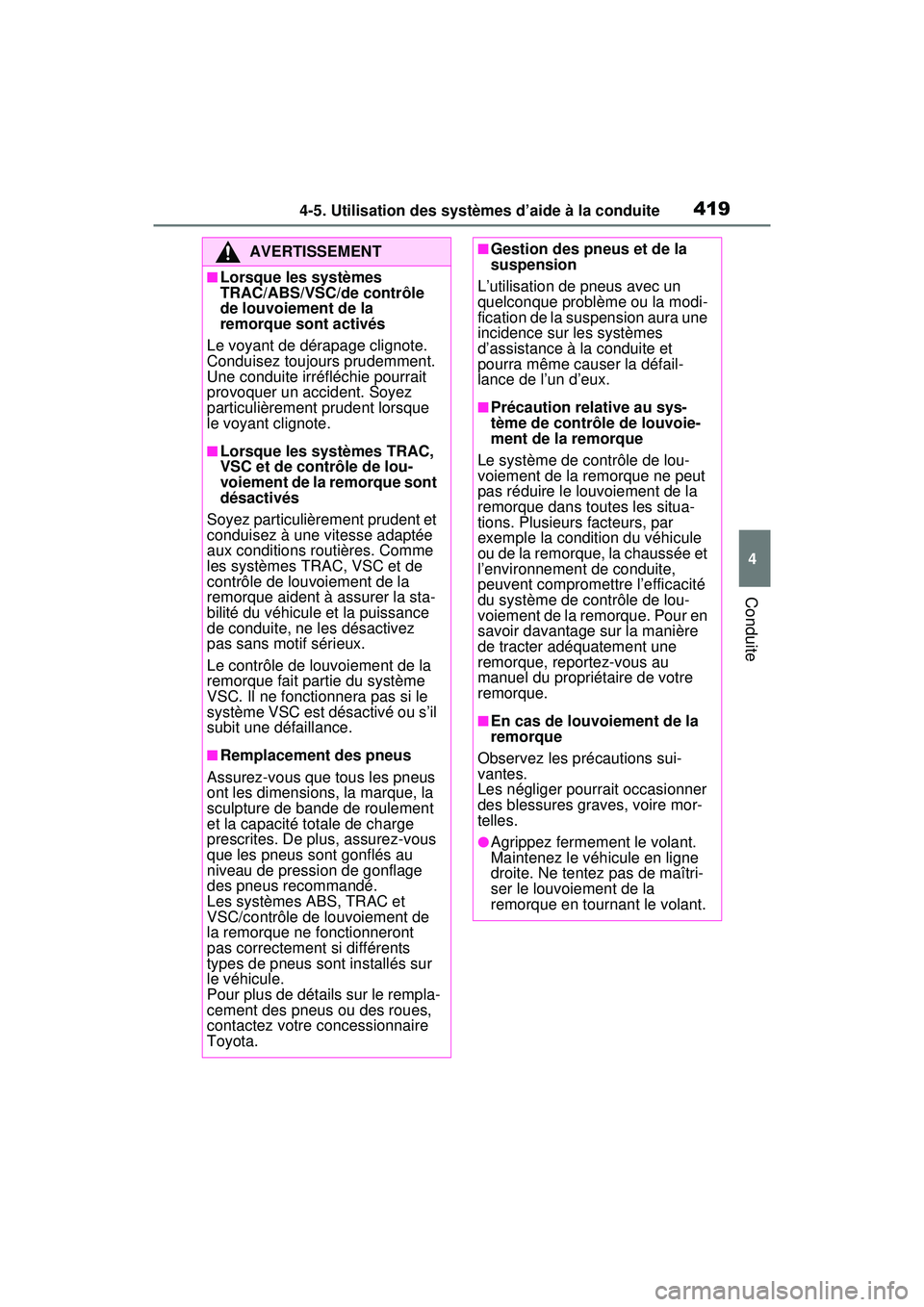 TOYOTA RAV4 HYBRID 2020  Manuel du propriétaire (in French) 4194-5. Utilisation des systèmes d’aide à la conduite
4
Conduite
AVERTISSEMENT
■Lorsque les systèmes 
TRAC/ABS/VSC/de contrôle 
de louvoiement de la 
remorque sont activés
Le voyant de dérap