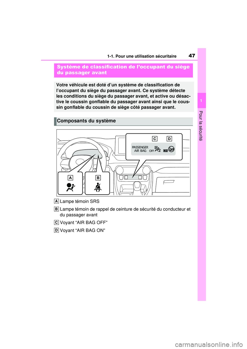 TOYOTA RAV4 HYBRID 2020 Manuel du propriétaire (in French) 471-1. Pour une utilisation sécuritaire
1
Pour la sécurité
Lampe témoin SRS
Lampe témoin de rappel de ceinture de sécurité du conducteur et
du passager avant
Voyant “AIR BAG OFF”
Voyant TOYOTA RAV4 HYBRID 2020 Manuel du propriétaire (in French) 471-1. Pour une utilisation sécuritaire
1
Pour la sécurité
Lampe témoin SRS
Lampe témoin de rappel de ceinture de sécurité du conducteur et
du passager avant
Voyant “AIR BAG OFF”
Voyant