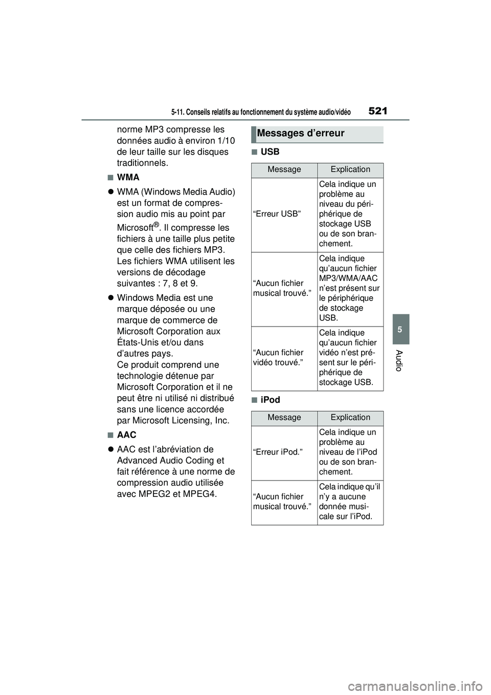 TOYOTA RAV4 HYBRID 2020  Manuel du propriétaire (in French) 5215-11. Conseils relatifs au fonctionnement du système audio/vidéo
5
Audio
norme MP3 compresse les 
données audio à environ 1/10 
de leur taille sur les disques 
traditionnels.
■WMA
 WMA (Wi