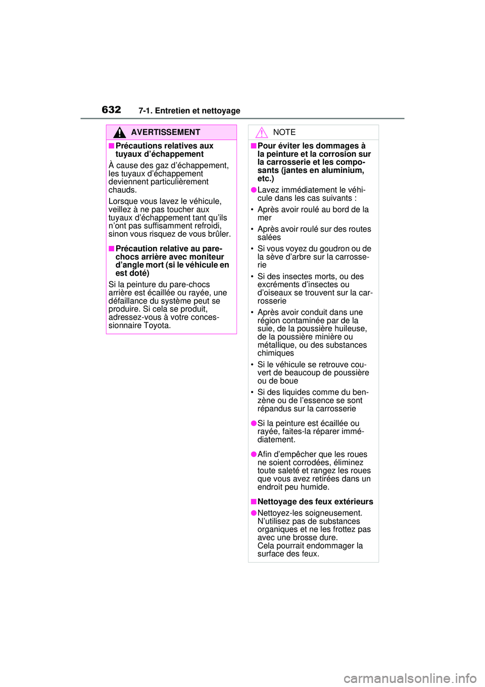 TOYOTA RAV4 HYBRID 2020 Manuel du propriétaire (in French) 6327-1. Entretien et nettoyage
AVERTISSEMENT
■Précautions relatives aux
tuyaux d’échappement
À cause des gaz d’échappement,
les tuyaux d’échappement
deviennent particulièrement
chaud TOYOTA RAV4 HYBRID 2020 Manuel du propriétaire (in French) 6327-1. Entretien et nettoyage
AVERTISSEMENT
■Précautions relatives aux
tuyaux d’échappement
À cause des gaz d’échappement,
les tuyaux d’échappement
deviennent particulièrement
chaud