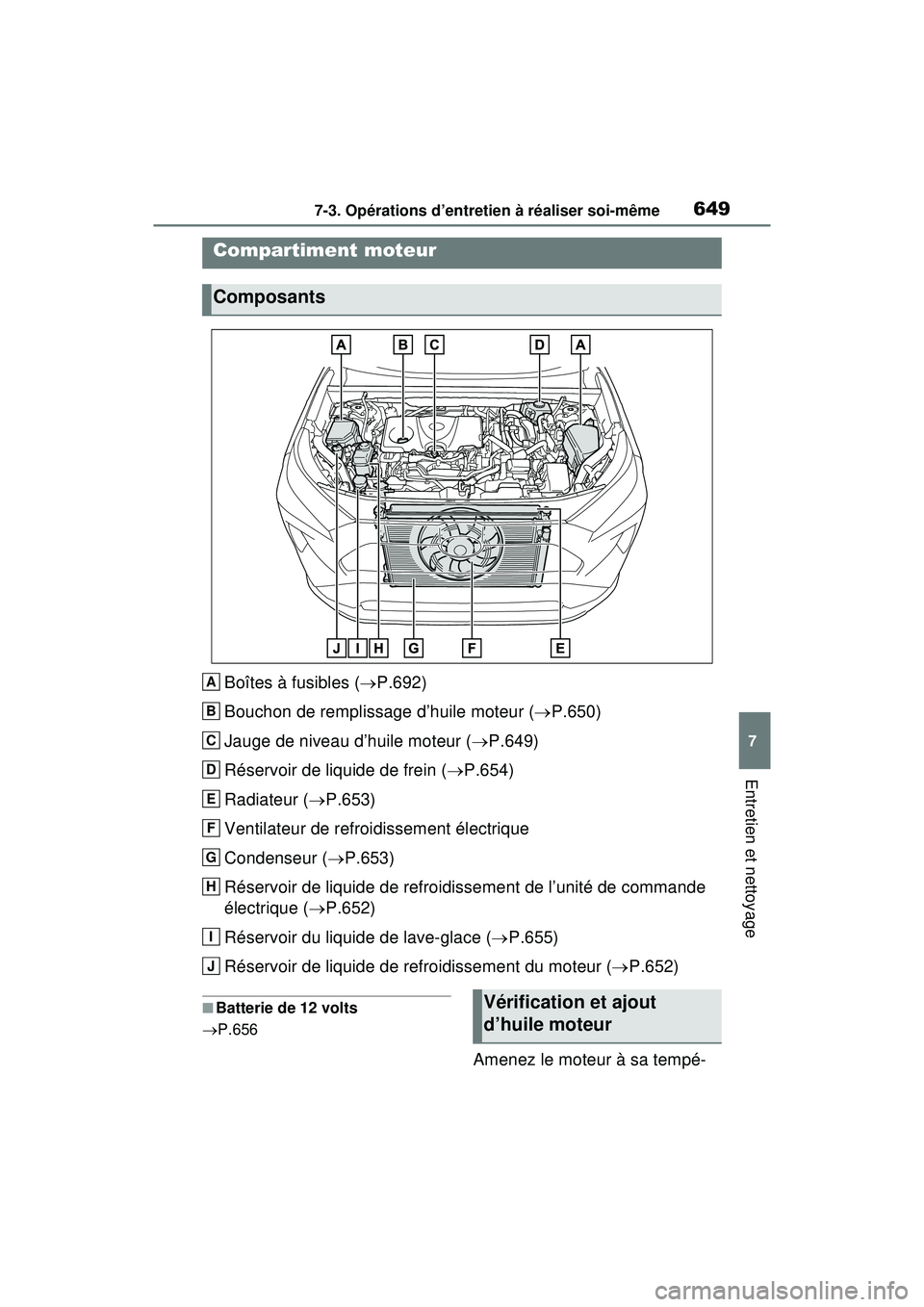 TOYOTA RAV4 HYBRID 2020 Manuel du propriétaire (in French) 6497-3. Opérations d’entretien à réaliser soi-même
7
Entretien et nettoyage
Boîtes à fusibles (P.692)
Bouchon de remplissage d’huile moteur ( P.650)
Jauge de niveau d’huile moteur ( TOYOTA RAV4 HYBRID 2020 Manuel du propriétaire (in French) 6497-3. Opérations d’entretien à réaliser soi-même
7
Entretien et nettoyage
Boîtes à fusibles (P.692)
Bouchon de remplissage d’huile moteur ( P.650)
Jauge de niveau d’huile moteur (