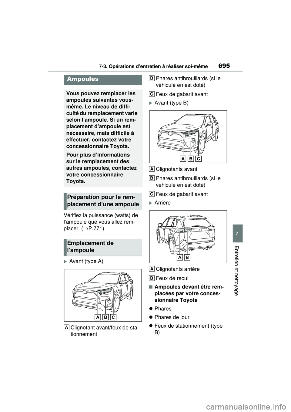 TOYOTA RAV4 HYBRID 2020  Manuel du propriétaire (in French) 6957-3. Opérations d’entretien à réaliser soi-même
7
Entretien et nettoyage
Vérifiez la puissance (watts) de 
l’ampoule que vous allez rem-
placer. (P.771)
Avant (type A)
Clignotant ava