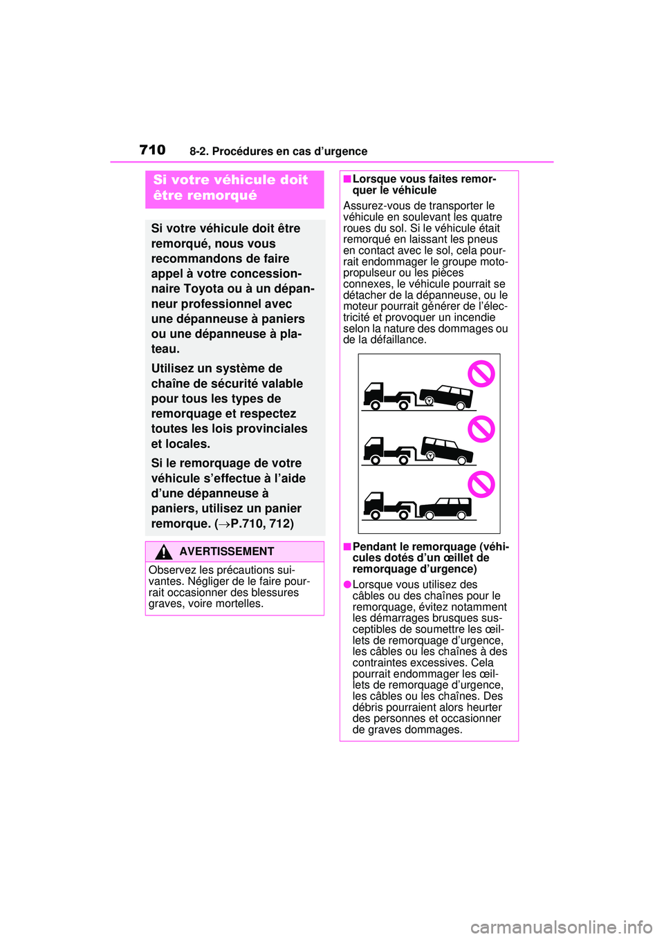 TOYOTA RAV4 HYBRID 2020 Manuel du propriétaire (in French) 7108-2. Procédures en cas d’urgence
8-2 .Procé dure s en cas d’urgence
Si votre véhicule doit
être remorqué
Si votre véhicule doit être
remorqué, nous vous
recommandons de faire
appel TOYOTA RAV4 HYBRID 2020 Manuel du propriétaire (in French) 7108-2. Procédures en cas d’urgence
8-2 .Procé dure s en cas d’urgence
Si votre véhicule doit
être remorqué
Si votre véhicule doit être
remorqué, nous vous
recommandons de faire
appel