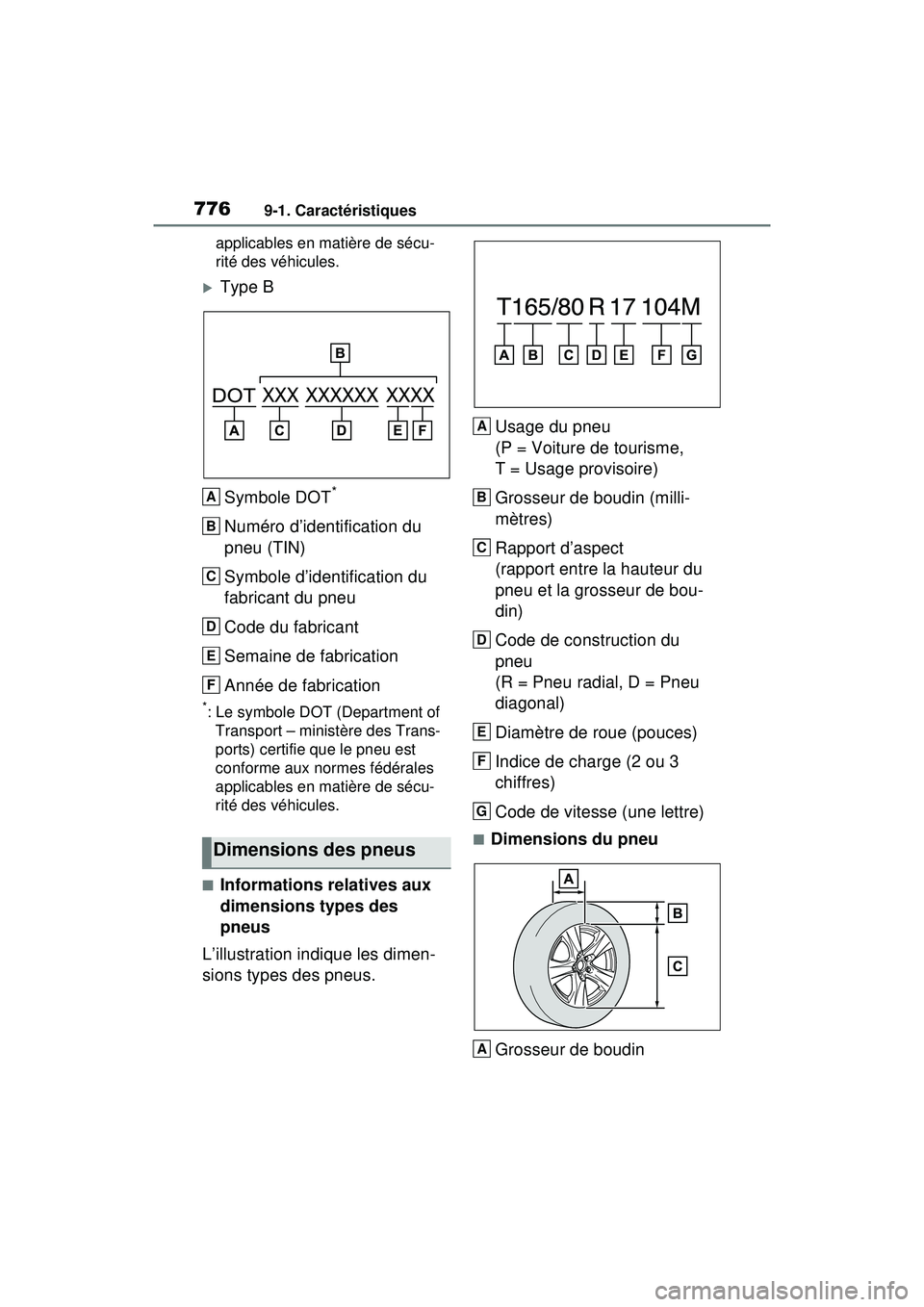 TOYOTA RAV4 HYBRID 2020  Manuel du propriétaire (in French) 7769-1. Caractéristiques
applicables en matière de sécu-
rité des véhicules.
Type BSymbole DOT
*
Numéro d’identification du 
pneu (TIN)
Symbole d’identification du 
fabricant du pneu
Code