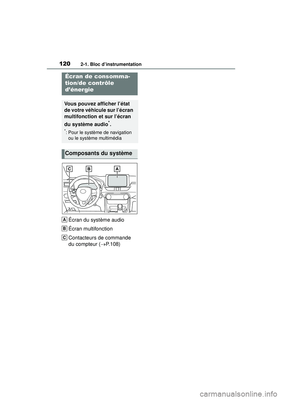 TOYOTA RAV4 HYBRID 2019  Manuel du propriétaire (in French) 1202-1. Bloc d’instrumentation
Écran du système audio
Écran multifonction
Contacteurs de commande 
du compteur (P.108)
Écran de consomma-
tion/de contrôle 
d’énergie
Vous pouvez afficher 