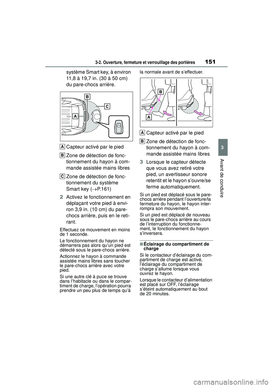 TOYOTA RAV4 HYBRID 2019 Manuel du propriétaire (in French) 1513-2. Ouverture, fermeture et verrouillage des portières
3
Avant de conduire
système Smart key, à environ
11,8 à 19,7 in. (30 à 50 cm)
du pare-chocs arrière.
Capteur activé par le pied
Zone TOYOTA RAV4 HYBRID 2019 Manuel du propriétaire (in French) 1513-2. Ouverture, fermeture et verrouillage des portières
3
Avant de conduire
système Smart key, à environ
11,8 à 19,7 in. (30 à 50 cm)
du pare-chocs arrière.
Capteur activé par le pied
Zone