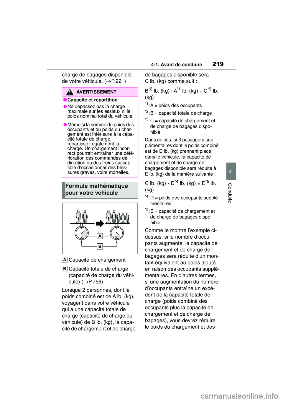 TOYOTA RAV4 HYBRID 2019 Manuel du propriétaire (in French) 2194-1. Avant de conduire
4
Conduite
charge de bagages disponible
de votre véhicule. (P.221)
Capacité de chargement
Capacité totale de charge
(capacité de charge du véhi-
cule) ( P.756)
L TOYOTA RAV4 HYBRID 2019 Manuel du propriétaire (in French) 2194-1. Avant de conduire
4
Conduite
charge de bagages disponible
de votre véhicule. (P.221)
Capacité de chargement
Capacité totale de charge
(capacité de charge du véhi-
cule) ( P.756)
L