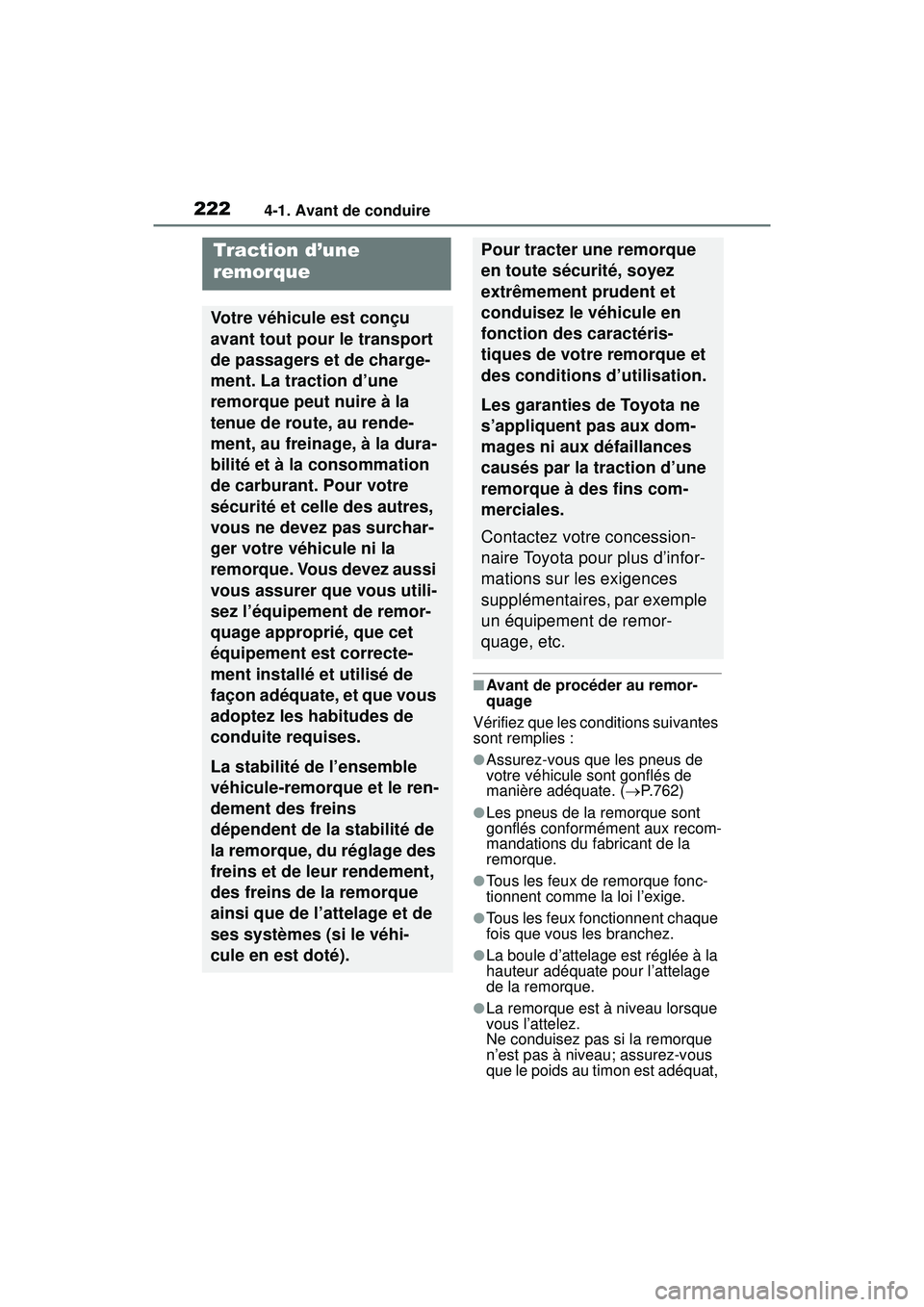TOYOTA RAV4 HYBRID 2019 Manuel du propriétaire (in French) 2224-1. Avant de conduire
■Avant de procéder au remor-
quage
Vérifiez que les conditions suivantes
sont remplies :
●Assurez-vous que les pneus de
votre véhicule sont gonflés de
manière ad TOYOTA RAV4 HYBRID 2019 Manuel du propriétaire (in French) 2224-1. Avant de conduire
■Avant de procéder au remor-
quage
Vérifiez que les conditions suivantes
sont remplies :
●Assurez-vous que les pneus de
votre véhicule sont gonflés de
manière ad