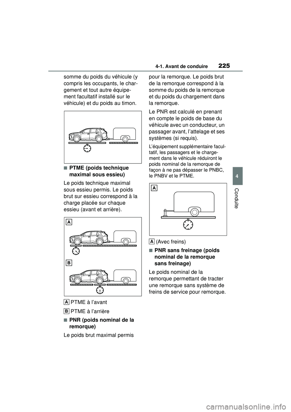 TOYOTA RAV4 HYBRID 2019 Manuel du propriétaire (in French) 2254-1. Avant de conduire
4
Conduite
somme du poids du véhicule (y
compris les occupants, le char-
gement et tout autre équipe-
ment facultatif installé sur le
véhicule) et du poids au timon.
TOYOTA RAV4 HYBRID 2019 Manuel du propriétaire (in French) 2254-1. Avant de conduire
4
Conduite
somme du poids du véhicule (y
compris les occupants, le char-
gement et tout autre équipe-
ment facultatif installé sur le
véhicule) et du poids au timon.