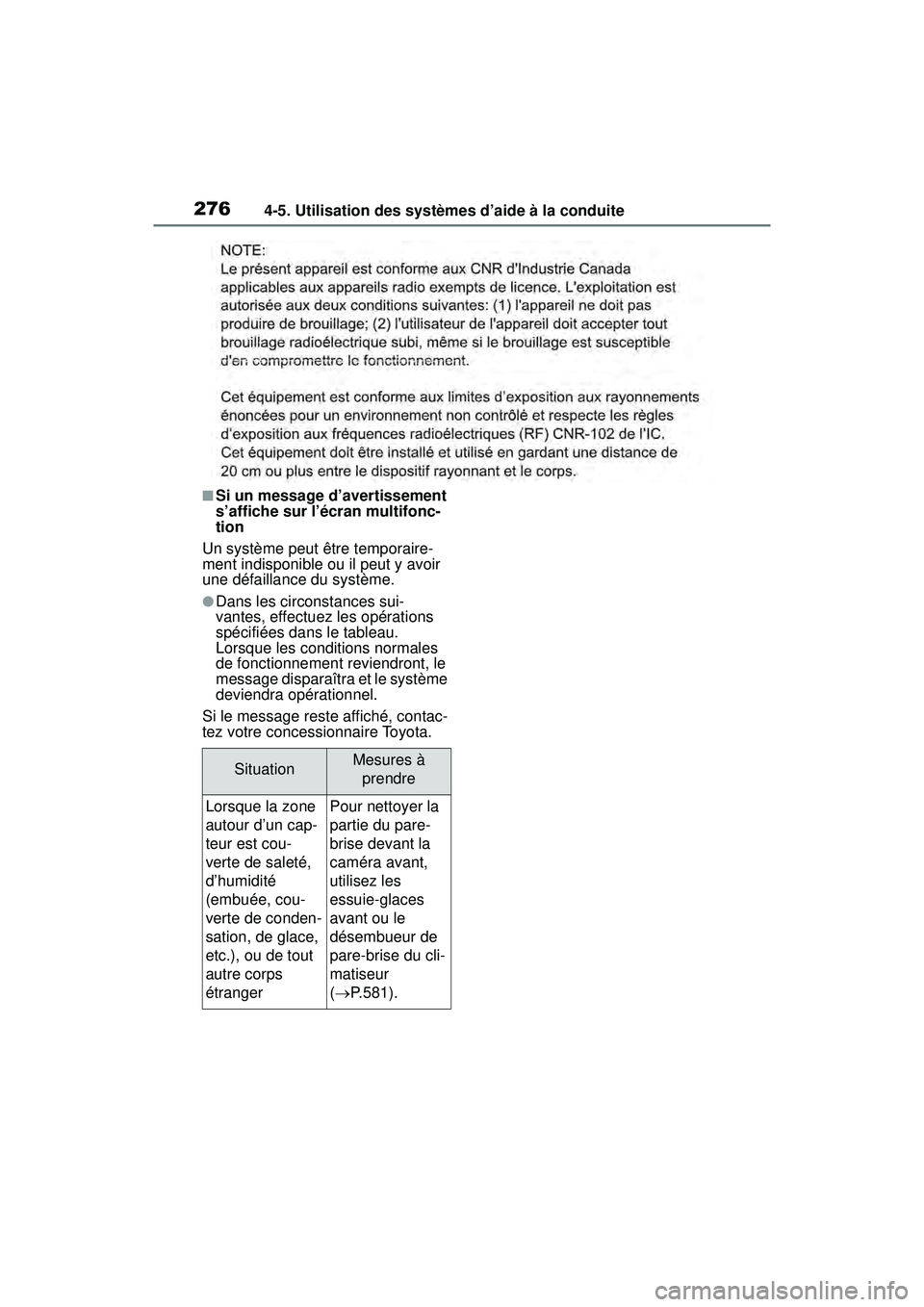 TOYOTA RAV4 HYBRID 2019 Manuel du propriétaire (in French) 2764-5. Utilisation des systèmes d’aide à la conduite
■Si un message d’avertissement
s’affiche sur l’écran multifonc-
tion
Un système peut être temporaire-
ment indisponible ou il peut TOYOTA RAV4 HYBRID 2019 Manuel du propriétaire (in French) 2764-5. Utilisation des systèmes d’aide à la conduite
■Si un message d’avertissement
s’affiche sur l’écran multifonc-
tion
Un système peut être temporaire-
ment indisponible ou il peut