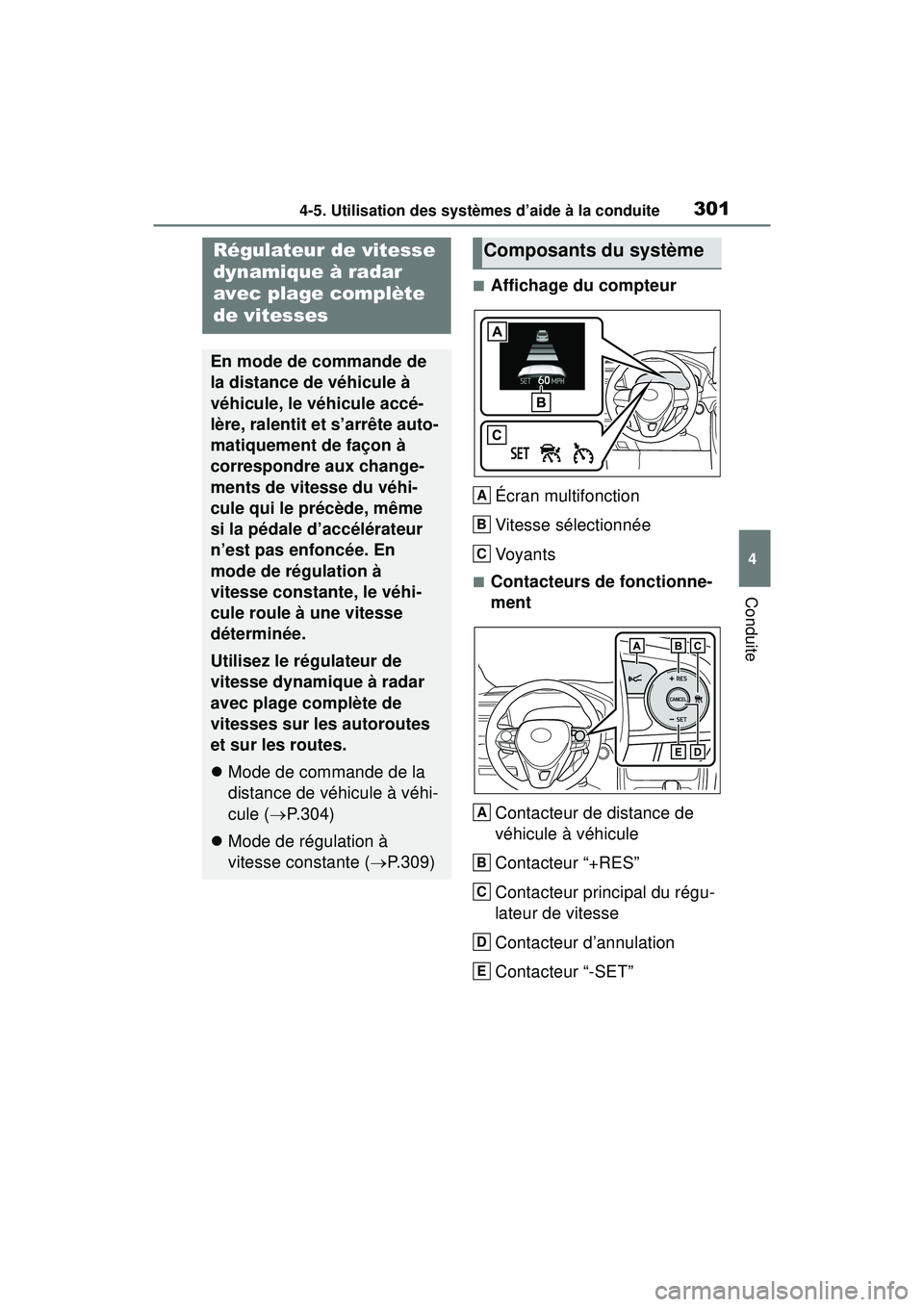 TOYOTA RAV4 HYBRID 2019 Manuel du propriétaire (in French) 3014-5. Utilisation des systèmes d’aide à la conduite
4
Conduite
■Affichage du compteurÉcran multifonction
Vitesse sélectionnée
Voyants
■Contacteurs de fonctionne-
mentContacteur de distanc TOYOTA RAV4 HYBRID 2019 Manuel du propriétaire (in French) 3014-5. Utilisation des systèmes d’aide à la conduite
4
Conduite
■Affichage du compteurÉcran multifonction
Vitesse sélectionnée
Voyants
■Contacteurs de fonctionne-
mentContacteur de distanc
