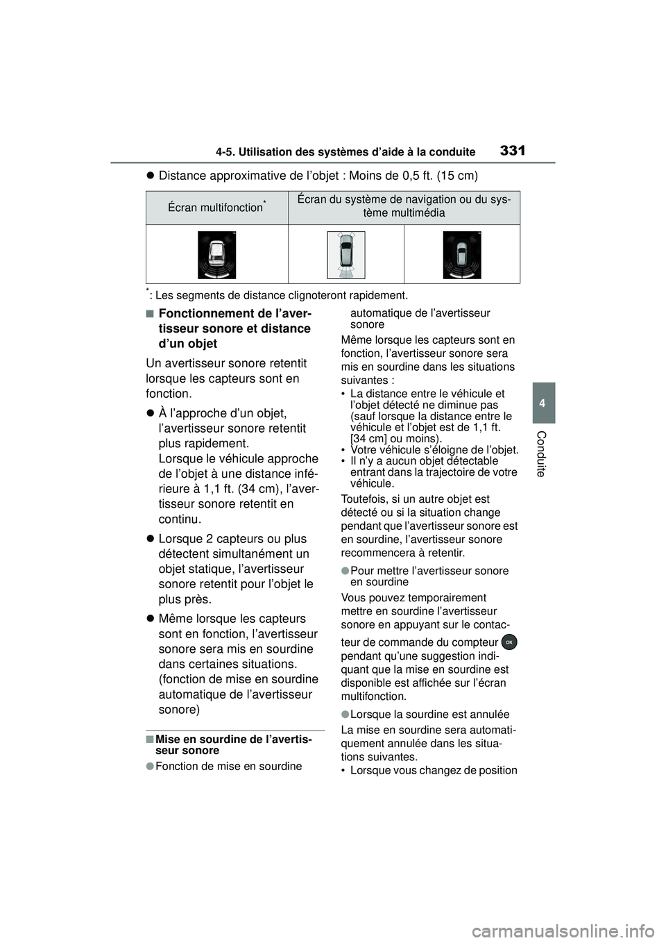 TOYOTA RAV4 HYBRID 2019  Manuel du propriétaire (in French) 3314-5. Utilisation des systèmes d’aide à la conduite
4
Conduite
Distance approximative de l’objet : Moins de 0,5 ft. (15 cm)
*: Les segments de distance clignoteront rapidement.
■Fonctionn