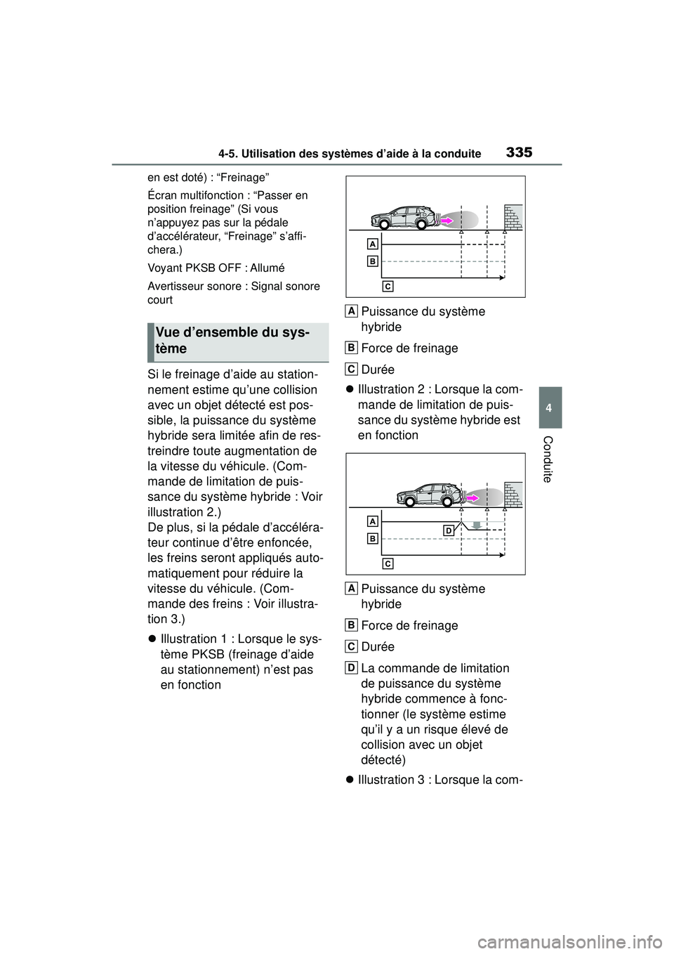 TOYOTA RAV4 HYBRID 2019  Manuel du propriétaire (in French) 3354-5. Utilisation des systèmes d’aide à la conduite
4
Conduite
en est doté) : “Freinage”
Écran multifonction : “Passer en 
position freinage” (Si vous 
n’appuyez pas sur la pédale 
