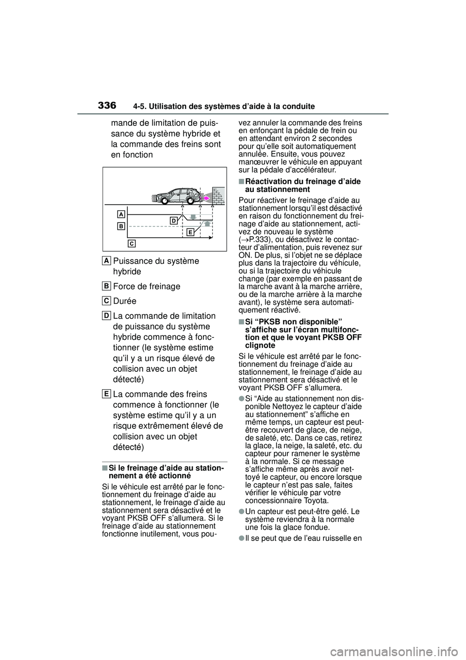 TOYOTA RAV4 HYBRID 2019  Manuel du propriétaire (in French) 3364-5. Utilisation des systèmes d’aide à la conduite
mande de limitation de puis-
sance du système hybride et 
la commande des freins sont 
en fonctionPuissance du système 
hybride
Force de fre