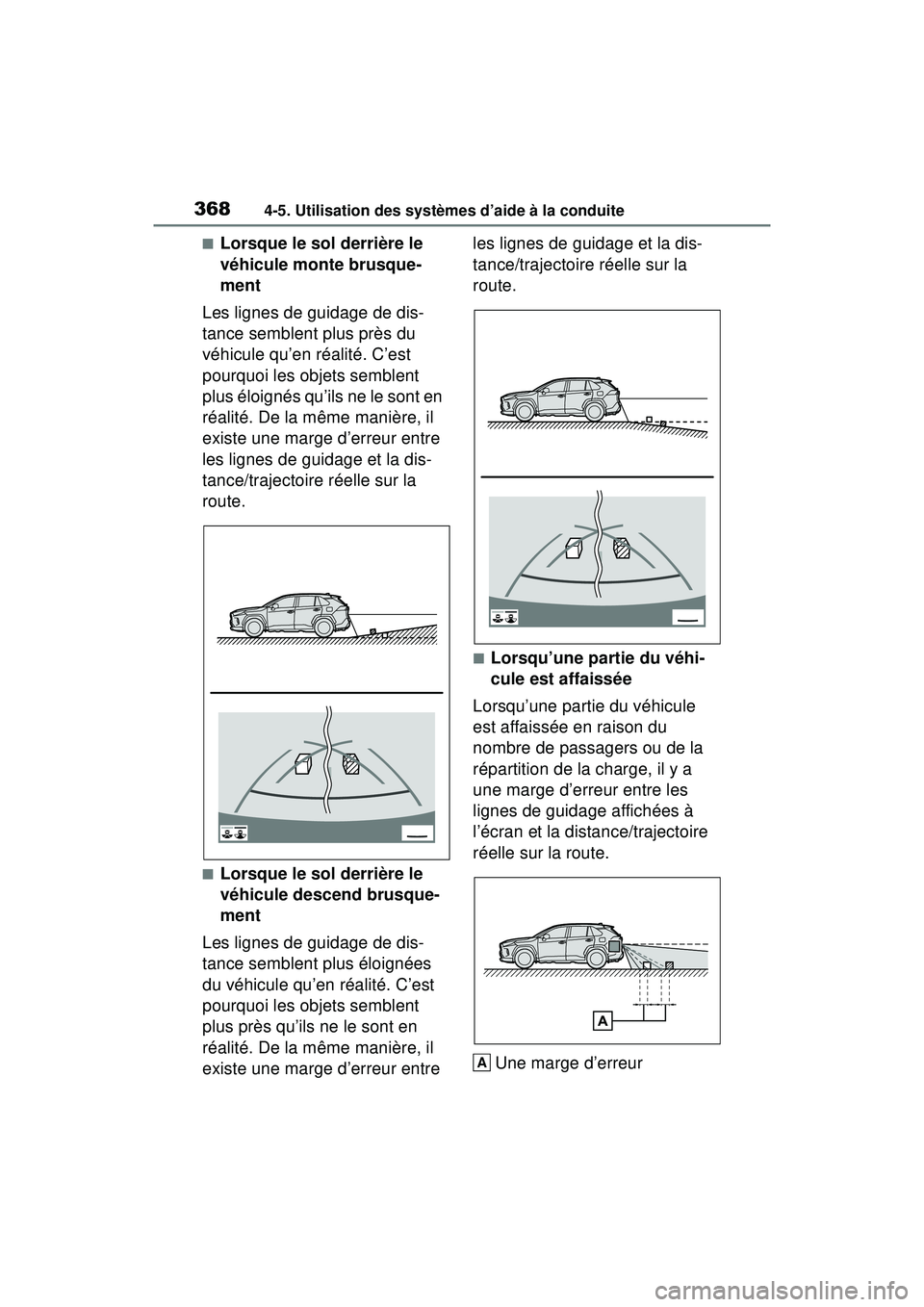 TOYOTA RAV4 HYBRID 2019  Manuel du propriétaire (in French) 3684-5. Utilisation des systèmes d’aide à la conduite
■Lorsque le sol derrière le 
véhicule monte brusque-
ment
Les lignes de guidage de dis-
tance semblent plus près du 
véhicule qu’en r