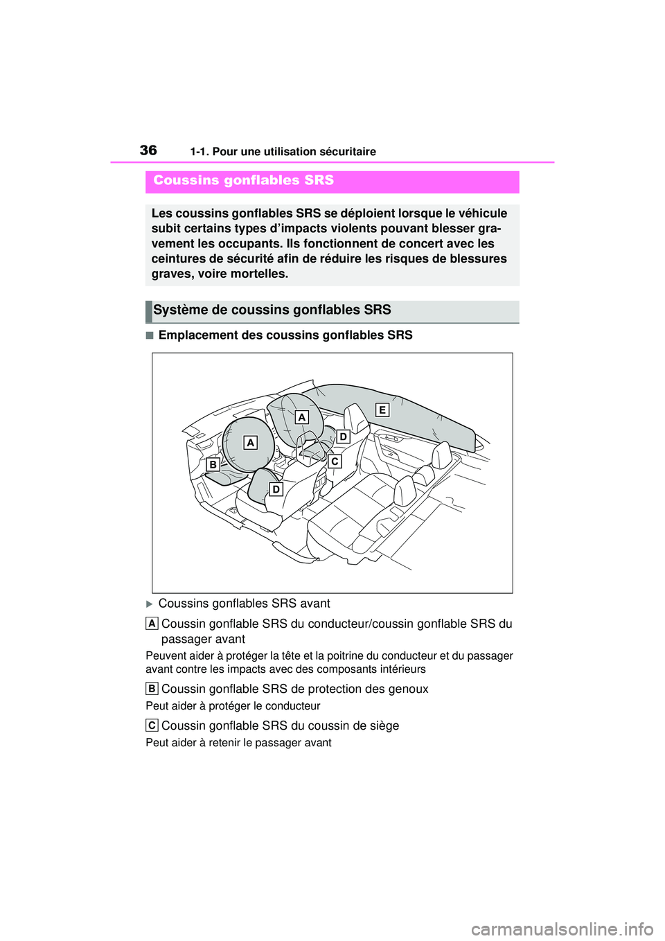 TOYOTA RAV4 HYBRID 2019 Manuel du propriétaire (in French) 361-1. Pour une utilisation sécuritaire
■Emplacement des coussins gonflables SRS
Coussins gonflables SRS avantCoussin gonflable SRS du conducteur/coussin gonflable SRS du
passager avant
Peuvent TOYOTA RAV4 HYBRID 2019 Manuel du propriétaire (in French) 361-1. Pour une utilisation sécuritaire
■Emplacement des coussins gonflables SRS
Coussins gonflables SRS avantCoussin gonflable SRS du conducteur/coussin gonflable SRS du
passager avant
Peuvent
