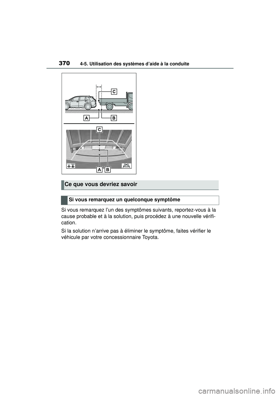 TOYOTA RAV4 HYBRID 2019  Manuel du propriétaire (in French) 3704-5. Utilisation des systèmes d’aide à la conduite
Si vous remarquez l’un des symptômes suivants, reportez-vous à la 
cause probable et à la solution, puis procédez à une nouvelle vérif