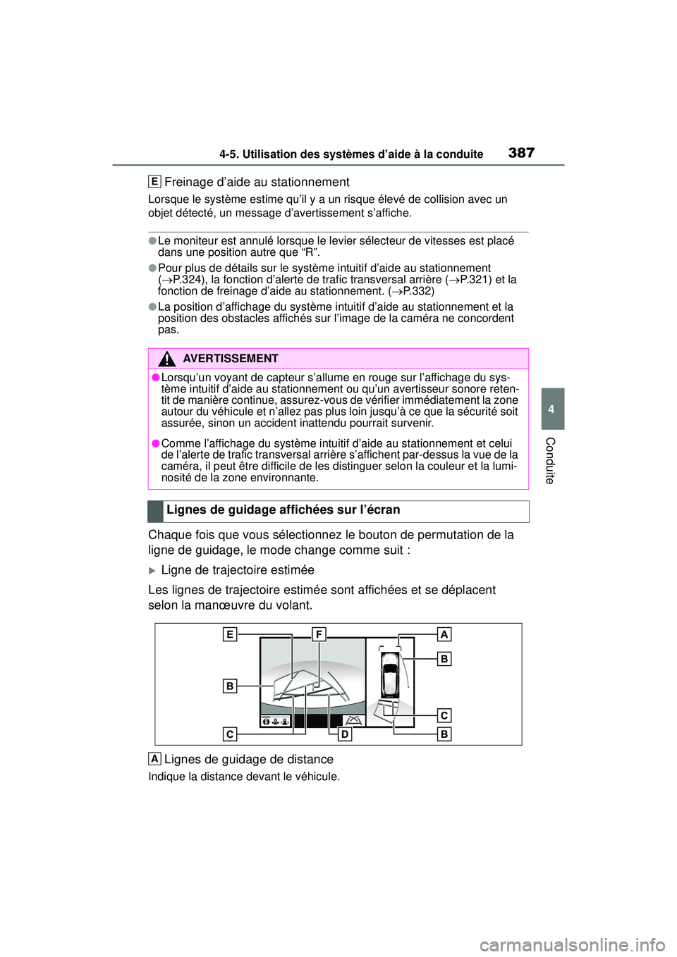 TOYOTA RAV4 HYBRID 2019  Manuel du propriétaire (in French) 3874-5. Utilisation des systèmes d’aide à la conduite
4
Conduite
Freinage d’aide au stationnement
Lorsque le système estime qu’il y a un risque élevé de collision avec un 
objet détecté, 