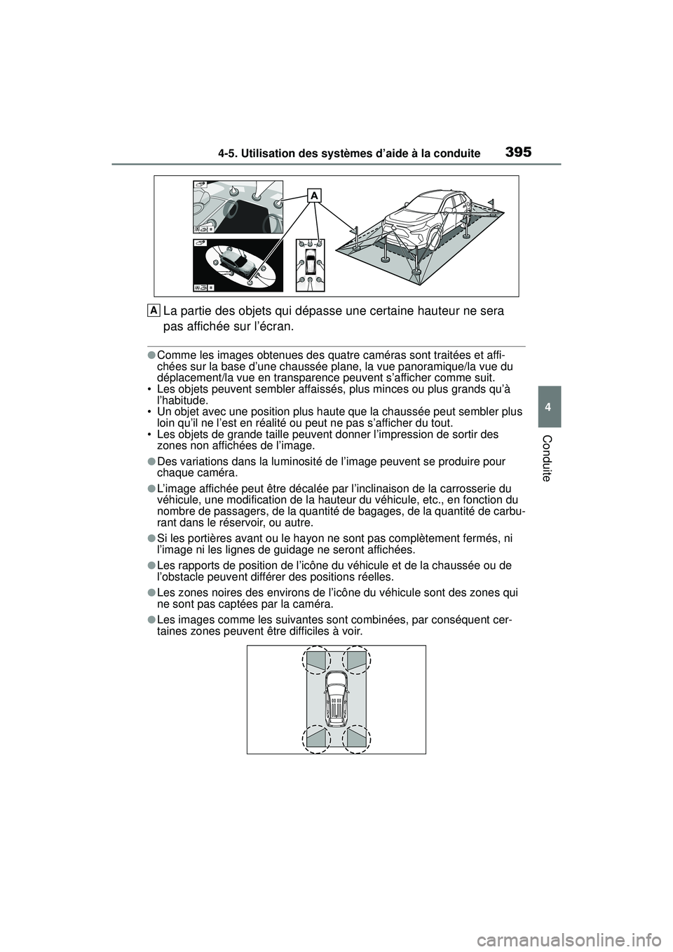 TOYOTA RAV4 HYBRID 2019  Manuel du propriétaire (in French) 3954-5. Utilisation des systèmes d’aide à la conduite
4
Conduite
La partie des objets qui dépasse une certaine hauteur ne sera 
pas affichée sur l’écran.
●Comme les images obtenues des quat