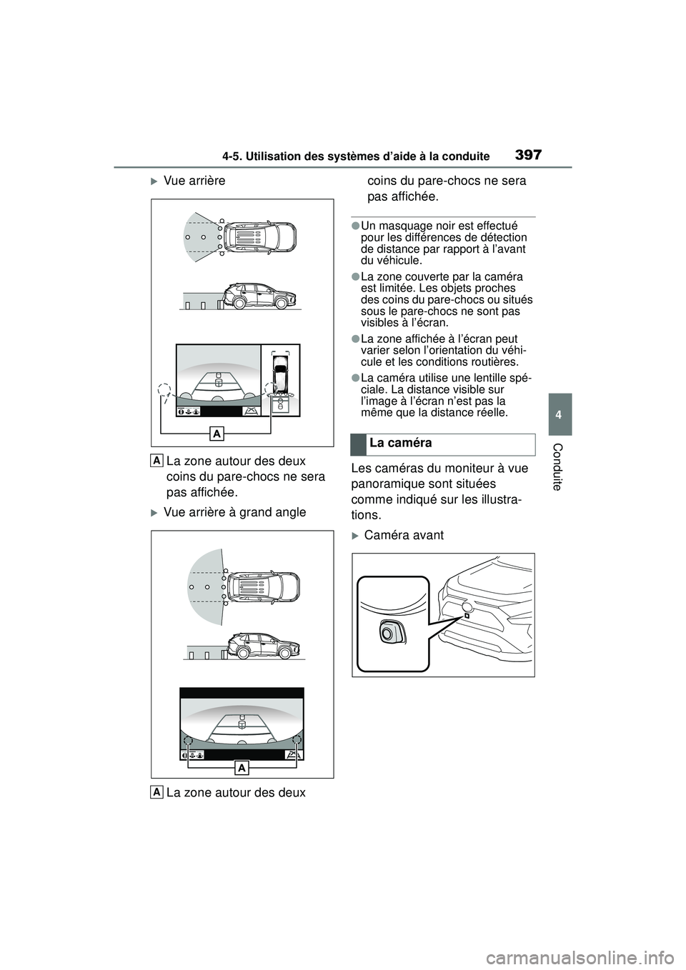 TOYOTA RAV4 HYBRID 2019  Manuel du propriétaire (in French) 3974-5. Utilisation des systèmes d’aide à la conduite
4
Conduite
Vue arrièreLa zone autour des deux 
coins du pare-chocs ne sera 
pas affichée.
Vue arrière à grand angleLa zone autour de