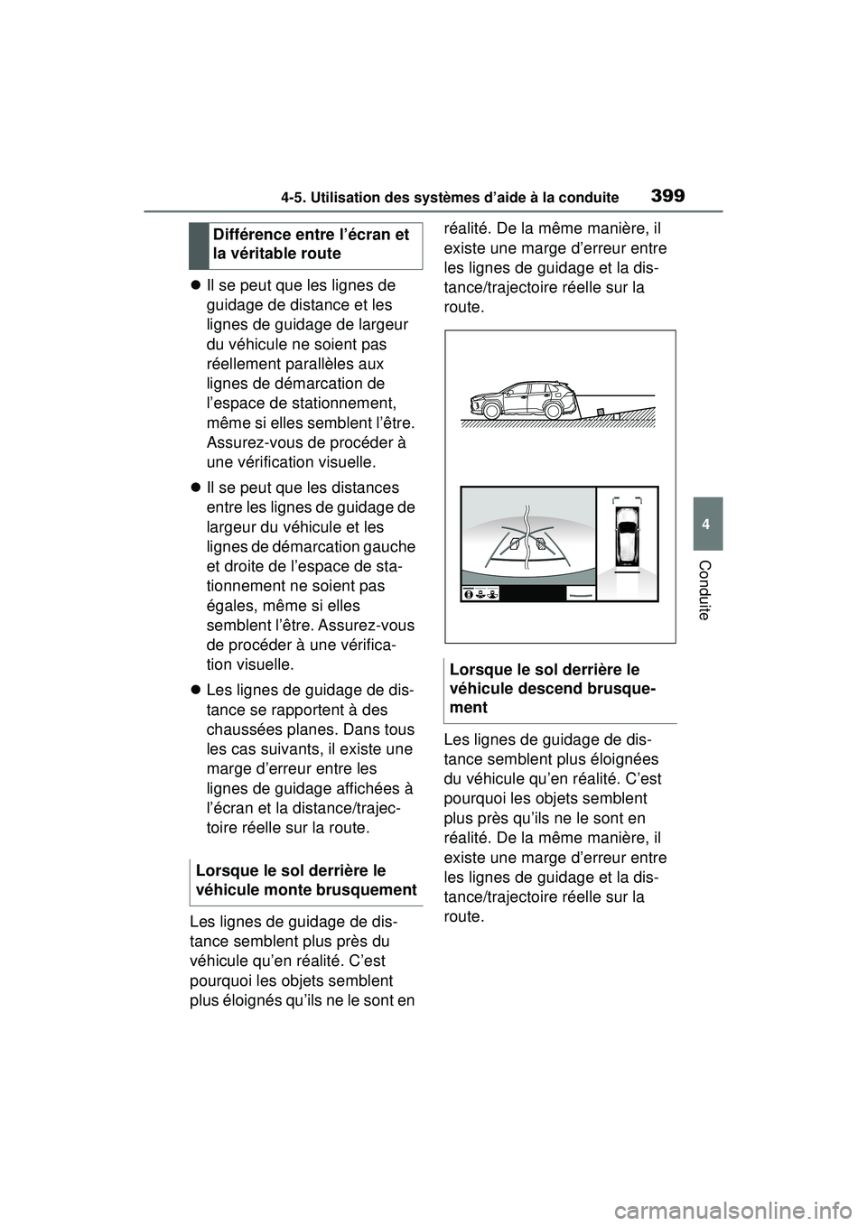 TOYOTA RAV4 HYBRID 2019  Manuel du propriétaire (in French) 3994-5. Utilisation des systèmes d’aide à la conduite
4
Conduite
Il se peut que les lignes de 
guidage de distance et les 
lignes de guidage de largeur 
du véhicule ne soient pas 
réellement 