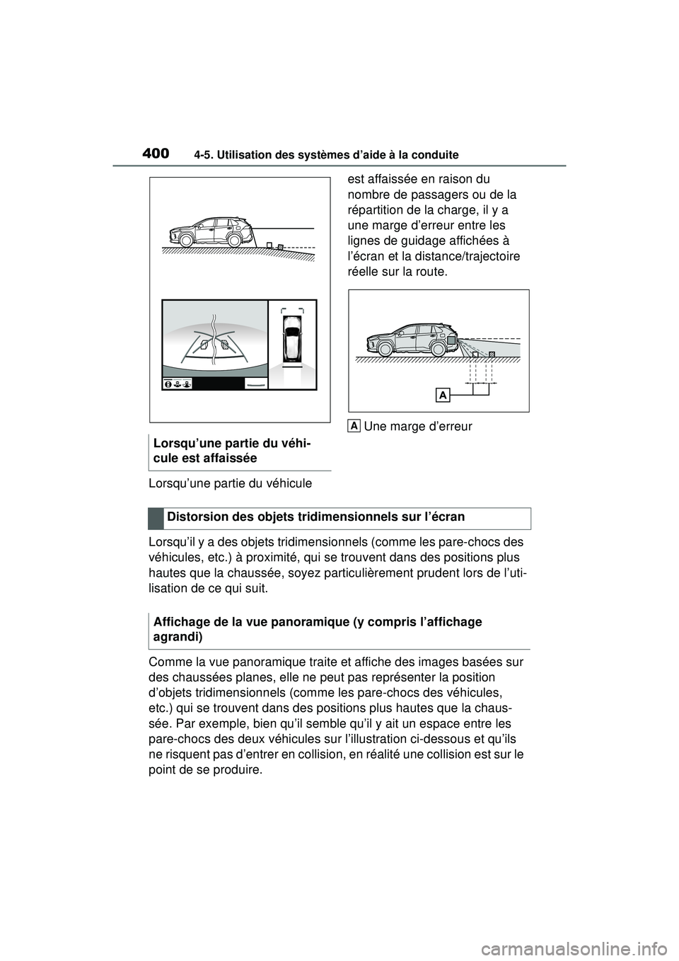 TOYOTA RAV4 HYBRID 2019  Manuel du propriétaire (in French) 4004-5. Utilisation des systèmes d’aide à la conduite
Lorsqu’une partie du véhicule est affaissée en raison du 
nombre de passagers ou de la 
répartition de la charge, il y a 
une marge d’e