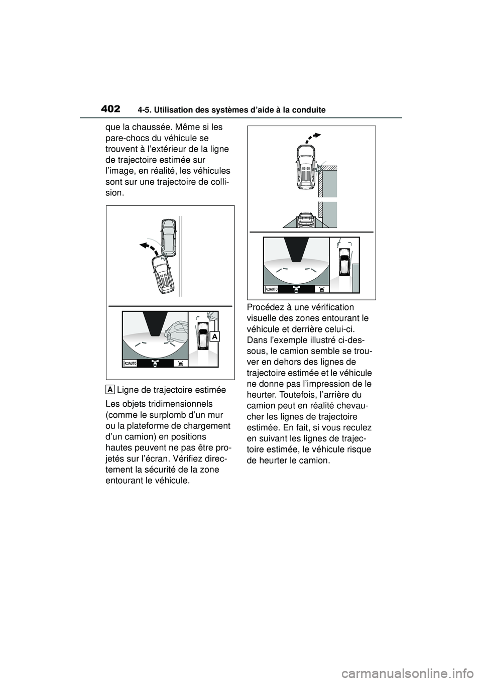 TOYOTA RAV4 HYBRID 2019  Manuel du propriétaire (in French) 4024-5. Utilisation des systèmes d’aide à la conduite
que la chaussée. Même si les 
pare-chocs du véhicule se 
trouvent à l’extérieur de la ligne 
de trajectoire estimée sur 
l’image, en