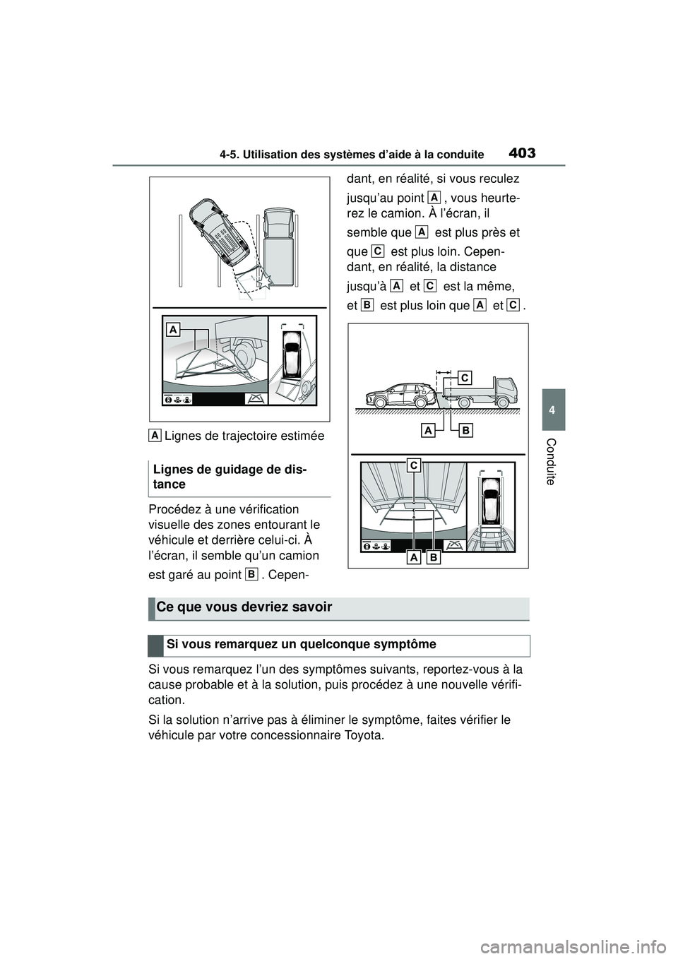 TOYOTA RAV4 HYBRID 2019  Manuel du propriétaire (in French) 4034-5. Utilisation des systèmes d’aide à la conduite
4
ConduiteLignes de trajectoire estimée
Procédez à une vérification 
visuelle des zones entourant le 
véhicule et derrière celui-ci. À 