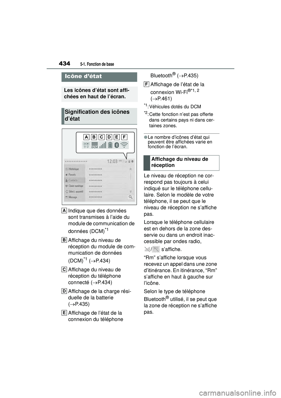 TOYOTA RAV4 HYBRID 2019 Manuel du propriétaire (in French) 4345-1. Fonction de base
Indique que des données
sont transmises à l’aide du
module de communication de
données (DCM)
*1
Affichage du niveau de
réception du module de com-
munication de donn TOYOTA RAV4 HYBRID 2019 Manuel du propriétaire (in French) 4345-1. Fonction de base
Indique que des données
sont transmises à l’aide du
module de communication de
données (DCM)
*1
Affichage du niveau de
réception du module de com-
munication de donn