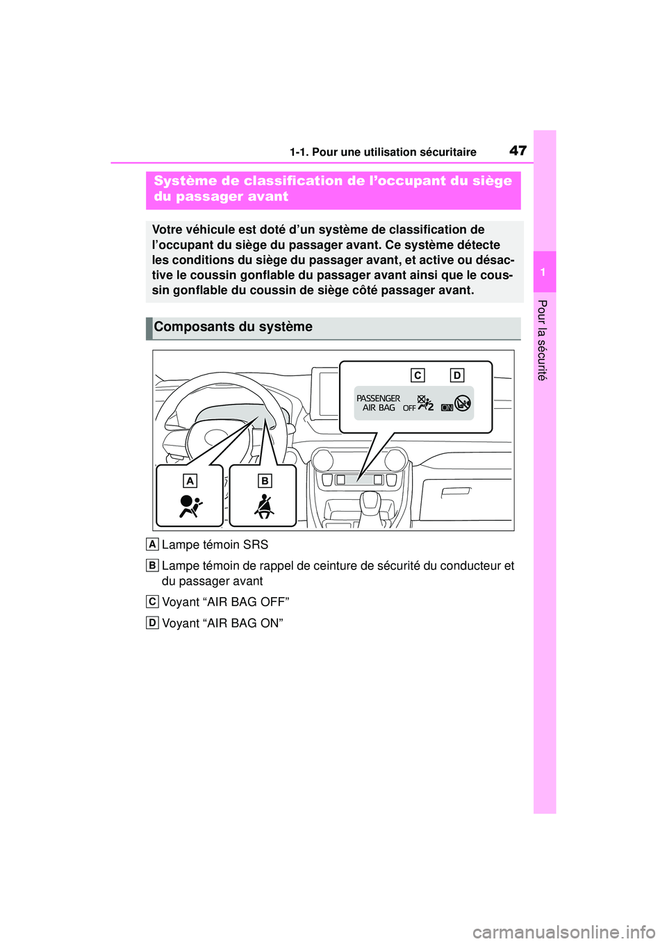 TOYOTA RAV4 HYBRID 2019 Manuel du propriétaire (in French) 471-1. Pour une utilisation sécuritaire
1
Pour la sécurité
Lampe témoin SRS
Lampe témoin de rappel de ceinture de sécurité du conducteur et
du passager avant
Voyant “AIR BAG OFF”
Voyant TOYOTA RAV4 HYBRID 2019 Manuel du propriétaire (in French) 471-1. Pour une utilisation sécuritaire
1
Pour la sécurité
Lampe témoin SRS
Lampe témoin de rappel de ceinture de sécurité du conducteur et
du passager avant
Voyant “AIR BAG OFF”
Voyant