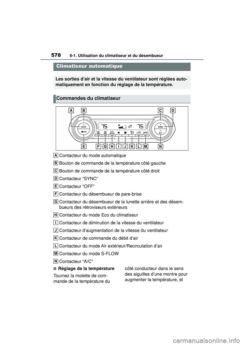 TOYOTA RAV4 HYBRID 2019 Manuel du propriétaire (in French) 5786-1. Utilisation du climatiseur et du désembueur
6-1 .Utilisatio n d u c limatise ur et d u d ésembu eur
Contacteur du mode automatique
Bouton de commande de la température côté gauche
Bouton TOYOTA RAV4 HYBRID 2019 Manuel du propriétaire (in French) 5786-1. Utilisation du climatiseur et du désembueur
6-1 .Utilisatio n d u c limatise ur et d u d ésembu eur
Contacteur du mode automatique
Bouton de commande de la température côté gauche
Bouton
